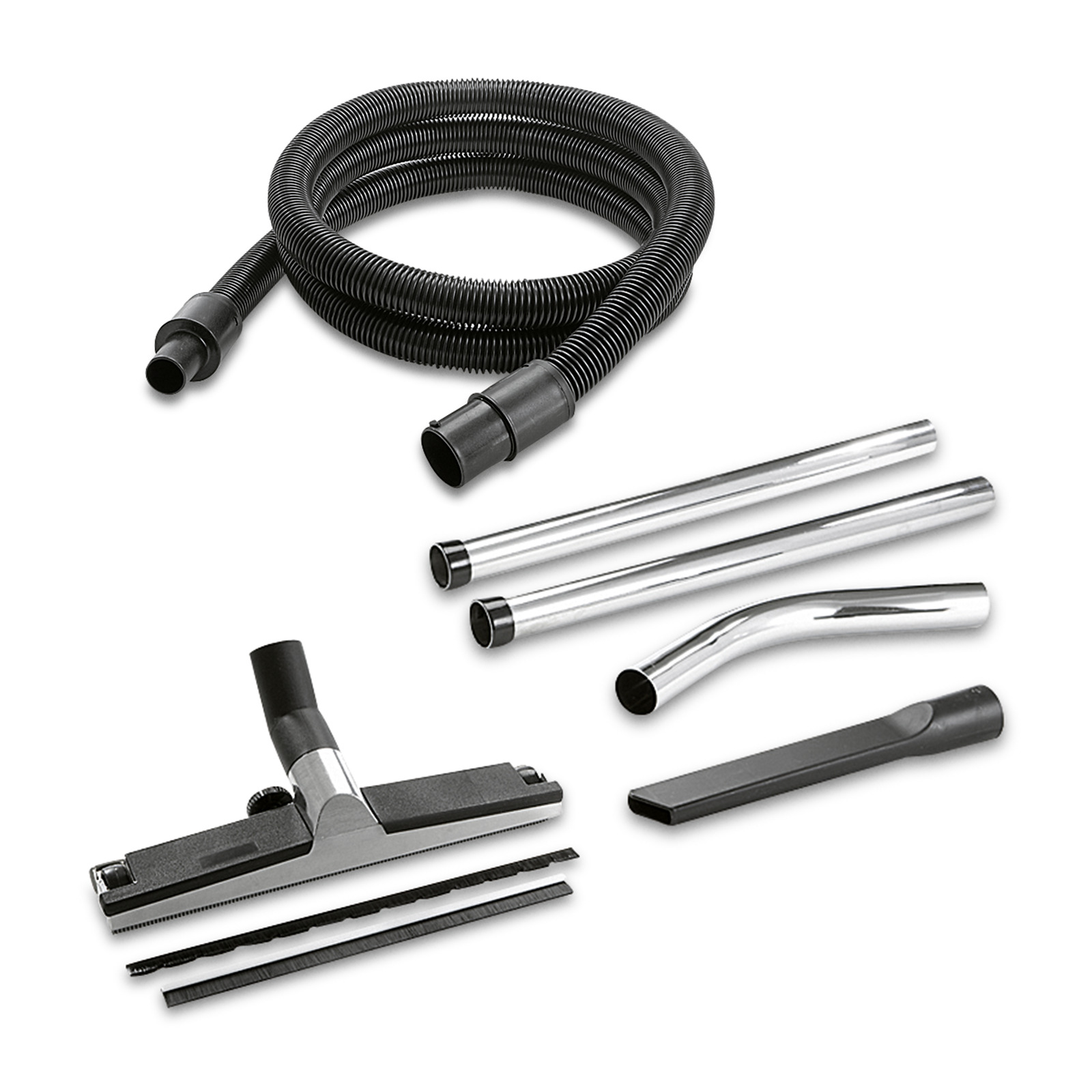 Kärcher vacuum cleaner accessories including hose, metal tubes, floor nozzle, and crevice tool on white background. Kärcher vacuum cleaner accessories including hose, metal tubes, floor nozzle, and crevice tool on white background.