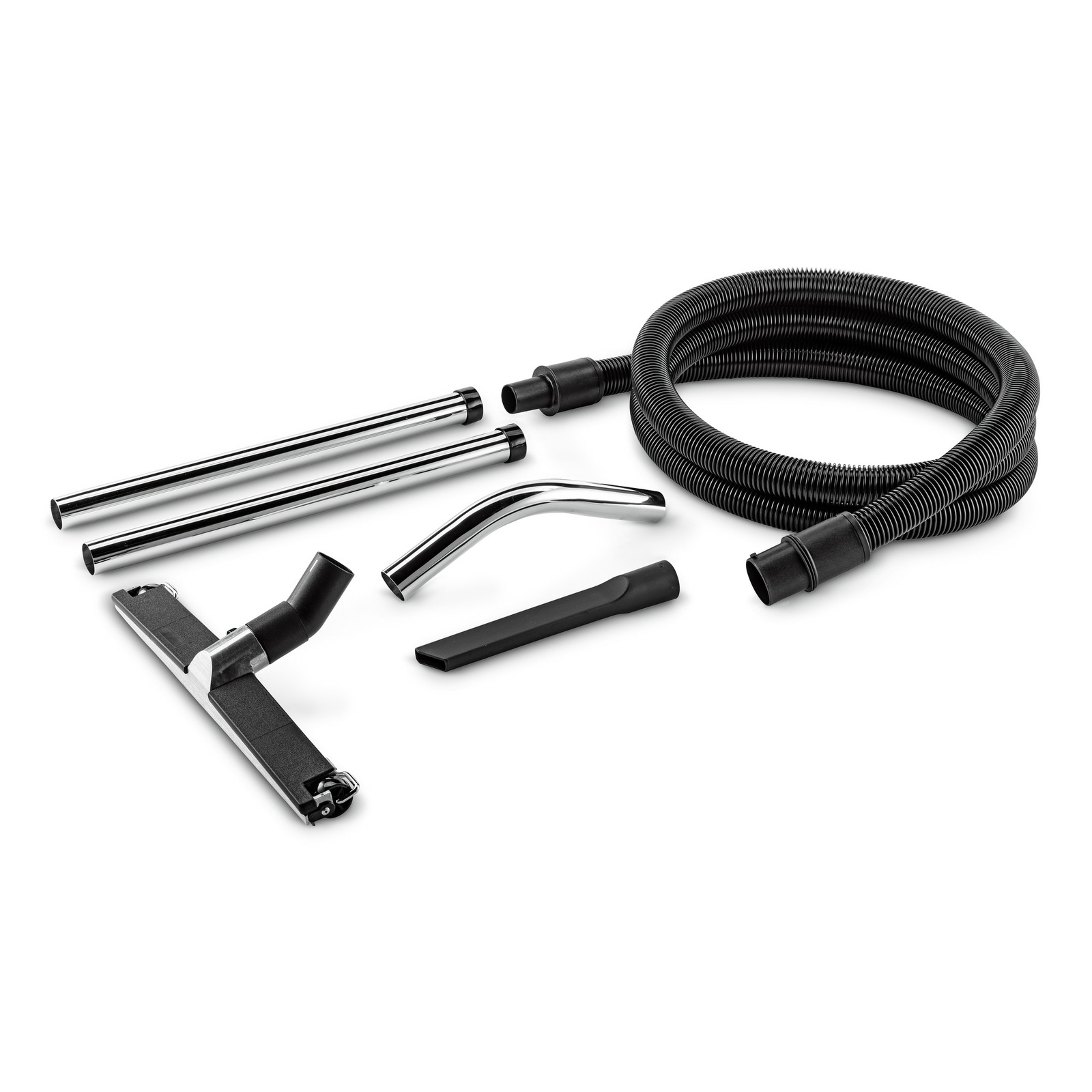 Set accesorii pentru aspirator Kärcher, incluzând furtun, tuburi metalice, duze și perie.