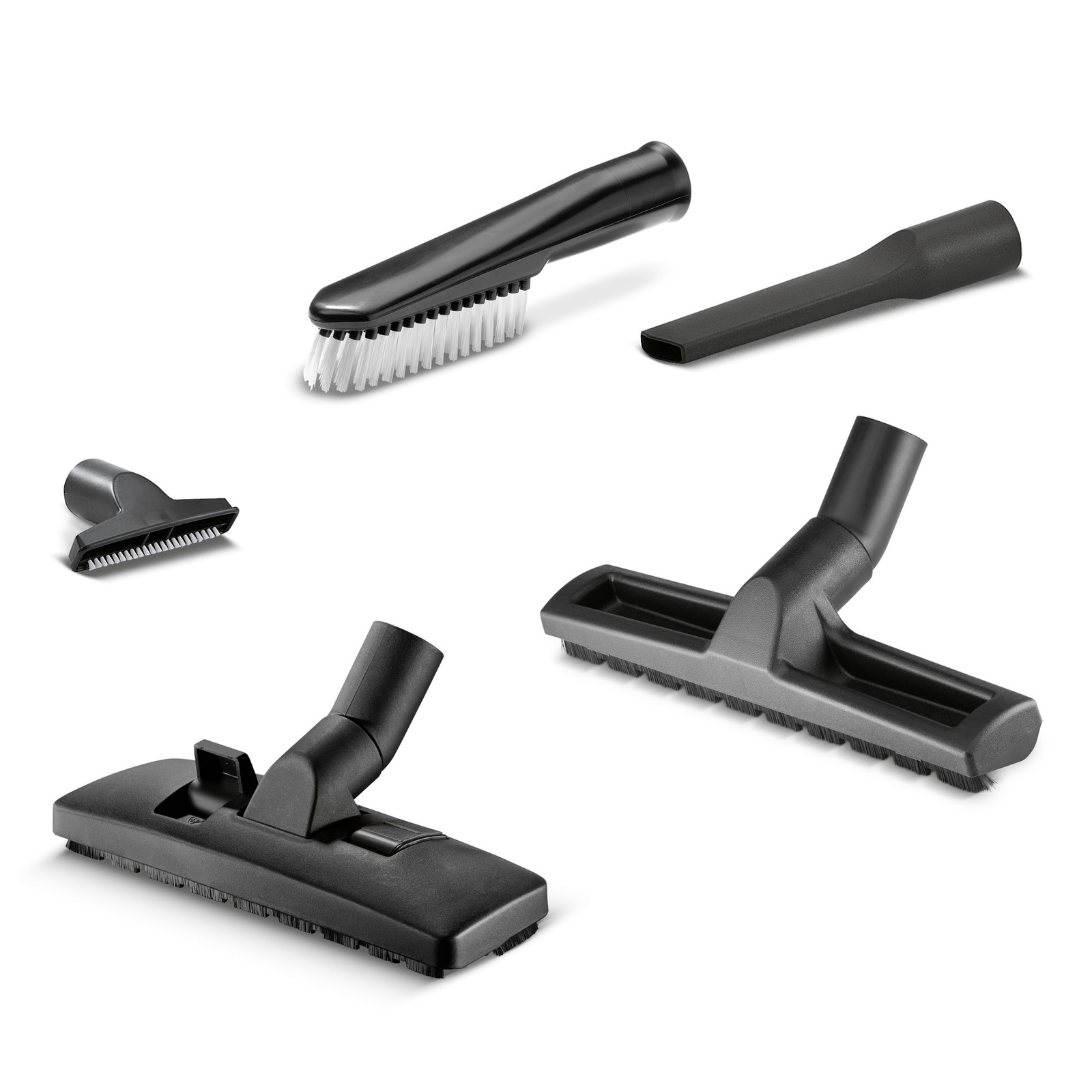 Five Kärcher vacuum cleaner attachments, including brushes and nozzles, arranged on a white background.