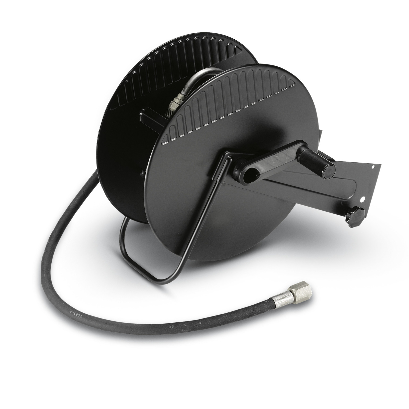 Black hose reel with attached hose, featuring a crank handle and mounting bracket, set against a white background.
