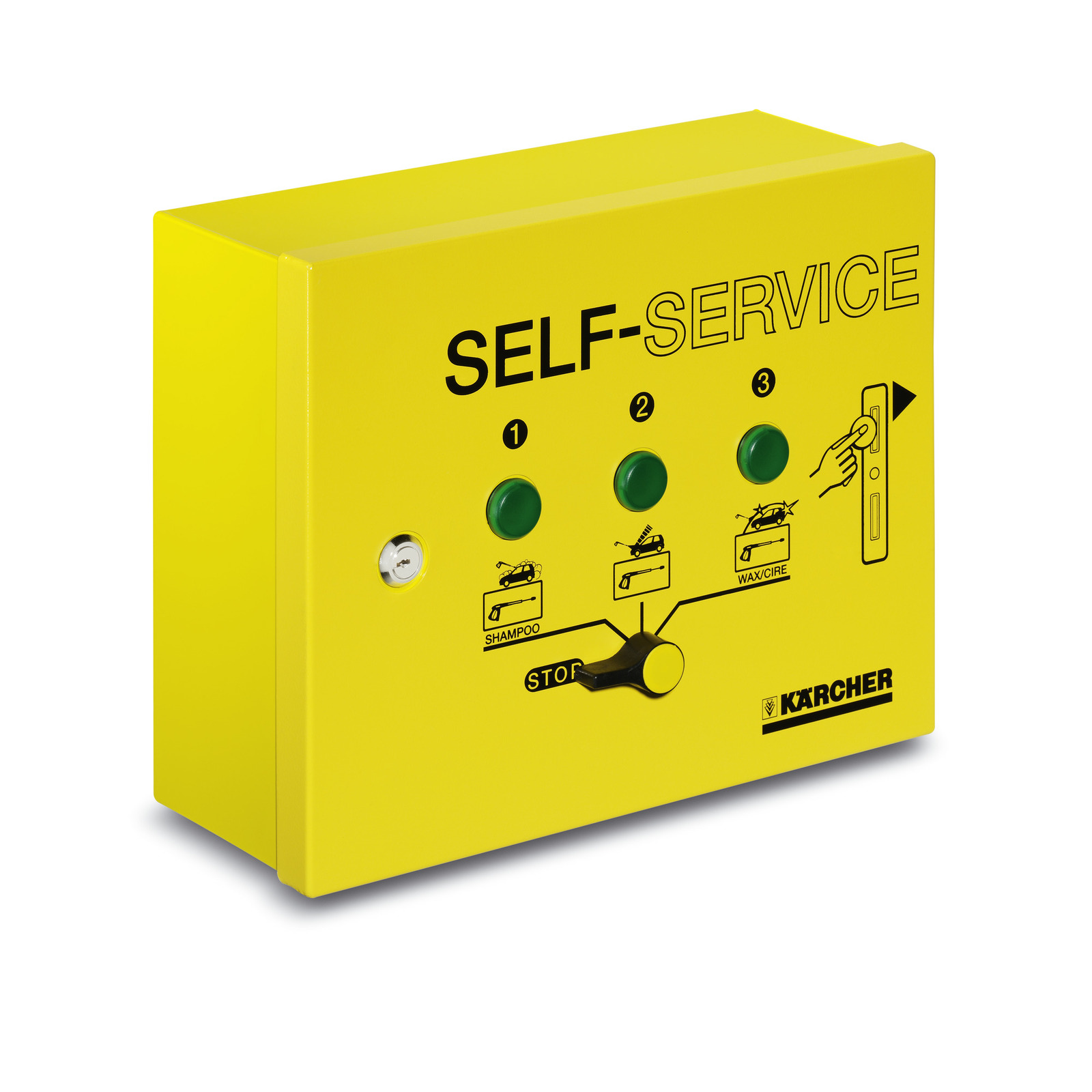 Yellow Kärcher self-service control panel with green buttons, a key slot, and labelled options for shampoo and wax. Yellow Kärcher self-service control panel with green buttons, a key slot, and labelled options for shampoo and wax.