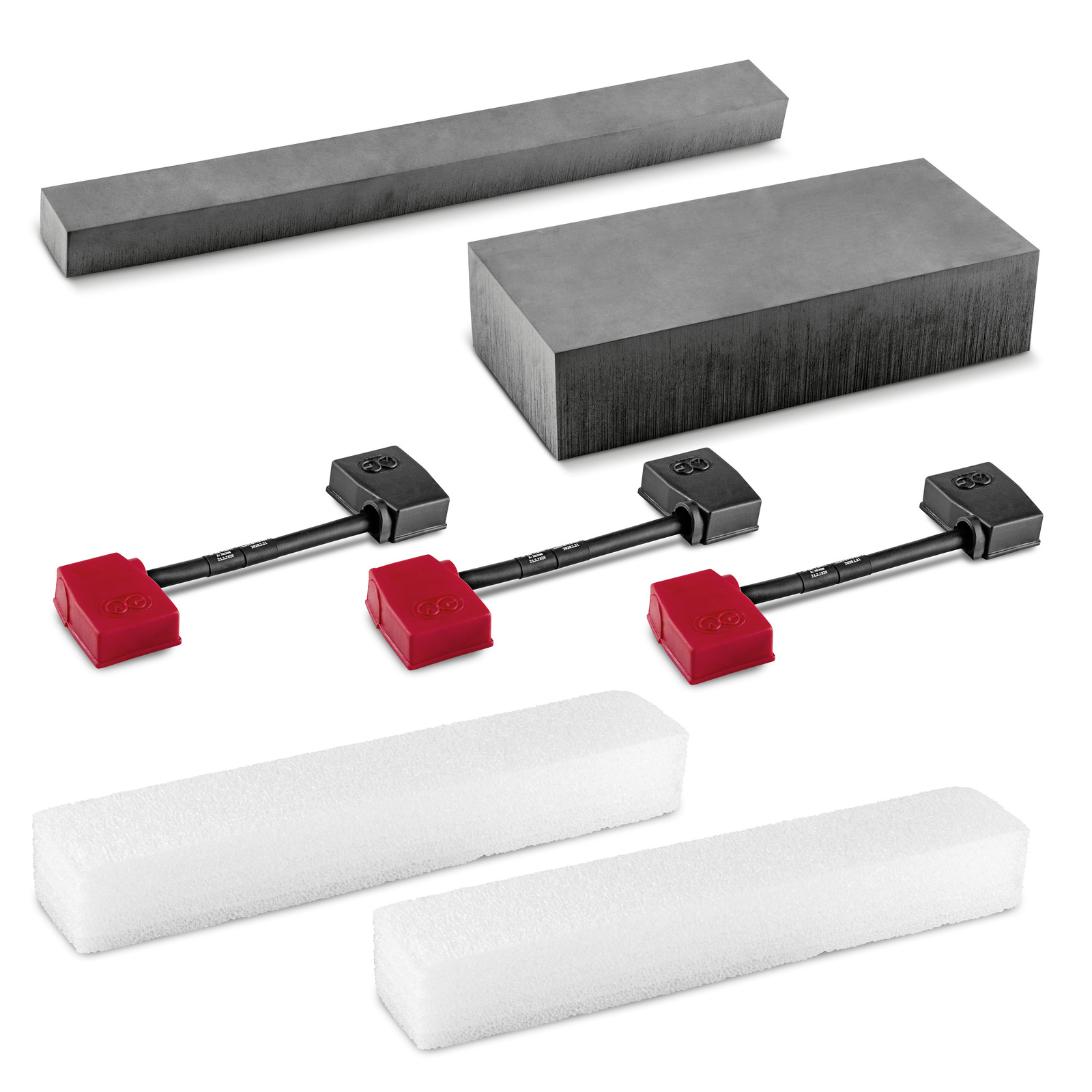 Set of Kärcher cleaning pads and accessories, including black and red connectors, grey blocks, and white foam pads on a white background.