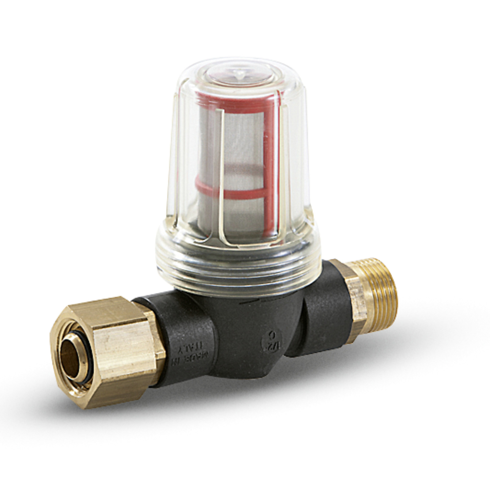 Kärcher water filter with transparent casing, red inner component, and brass fittings on a white background.