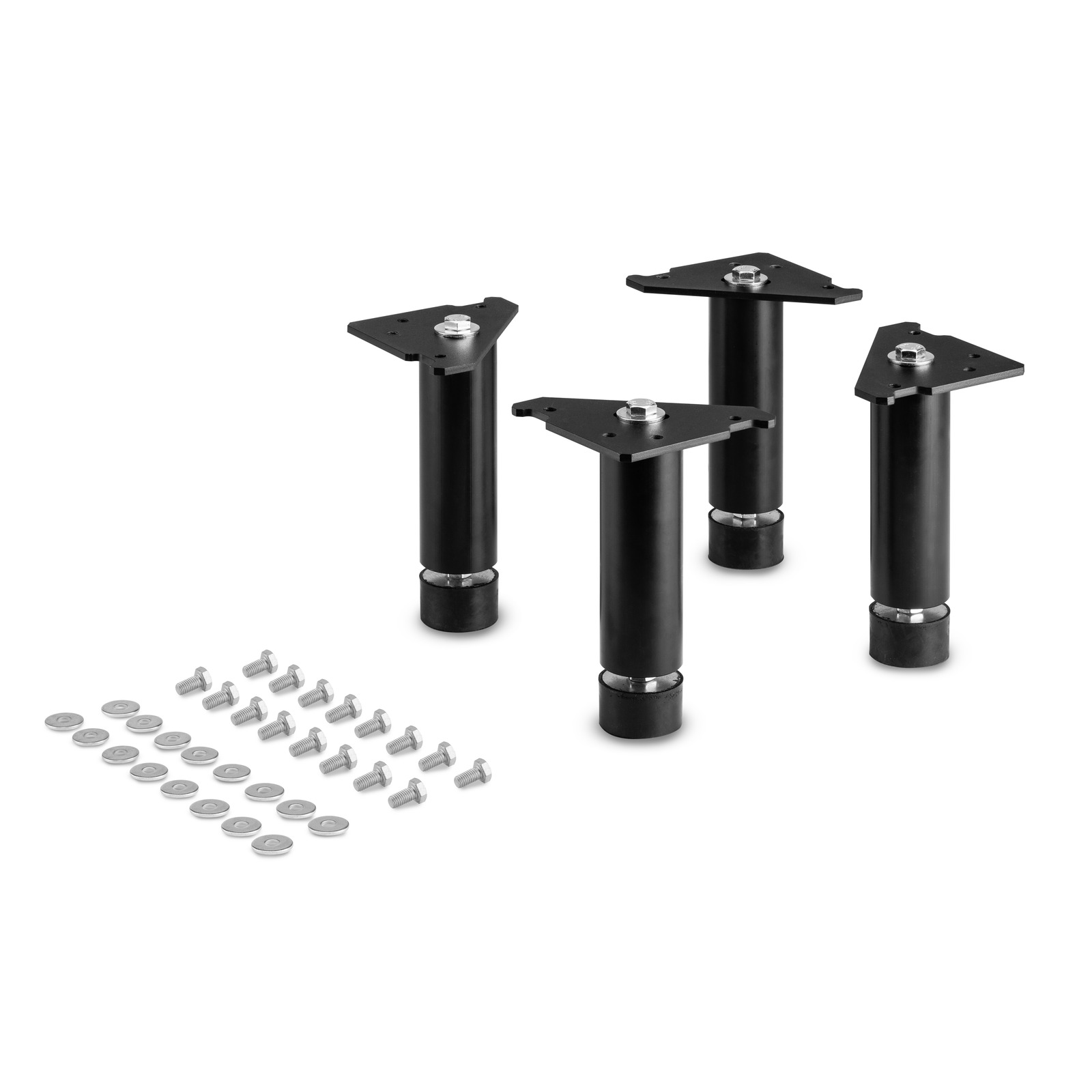 Four black adjustable legs with triangular mounting plates, accompanied by screws and washers, on a white background. Four black adjustable legs with triangular mounting plates, accompanied by screws and washers, on a white background.