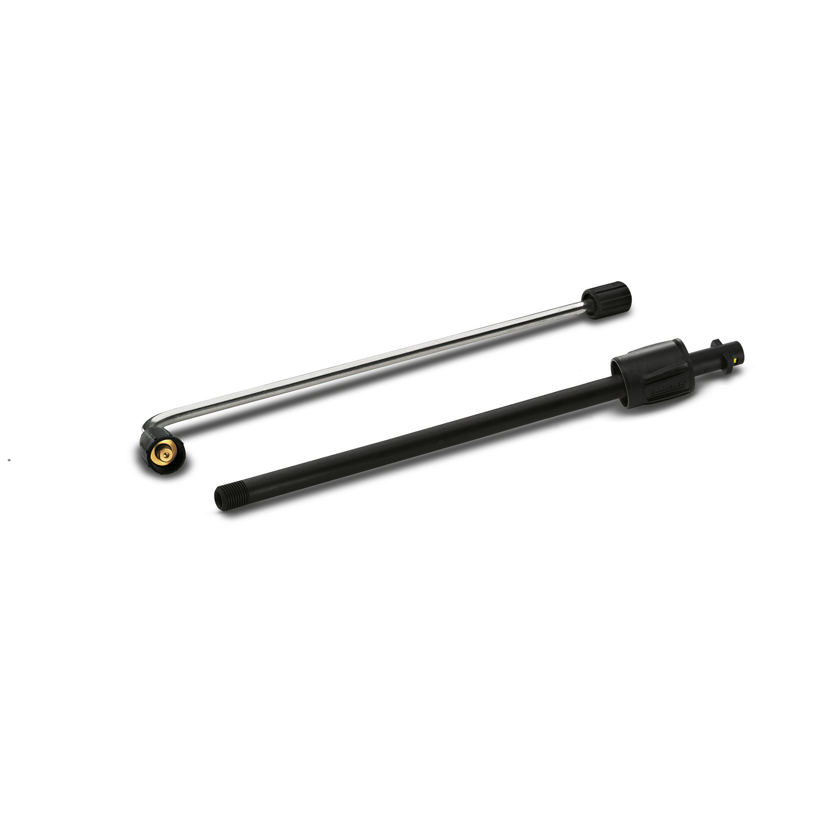 Two Kärcher pressure washer extension wands, one metal with a curved end and one black plastic with a connector.