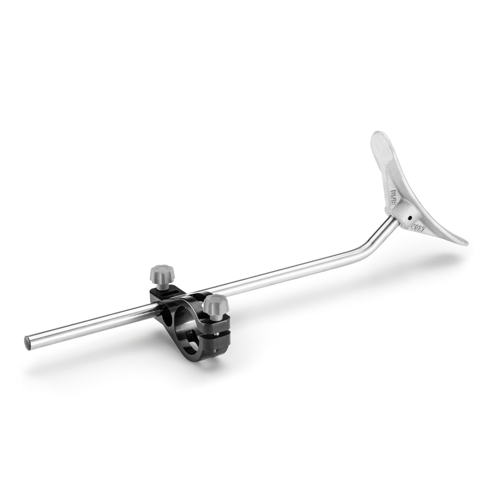 Silver metal spray lance with a curved nozzle and black clamp attachment, isolated on a white background.