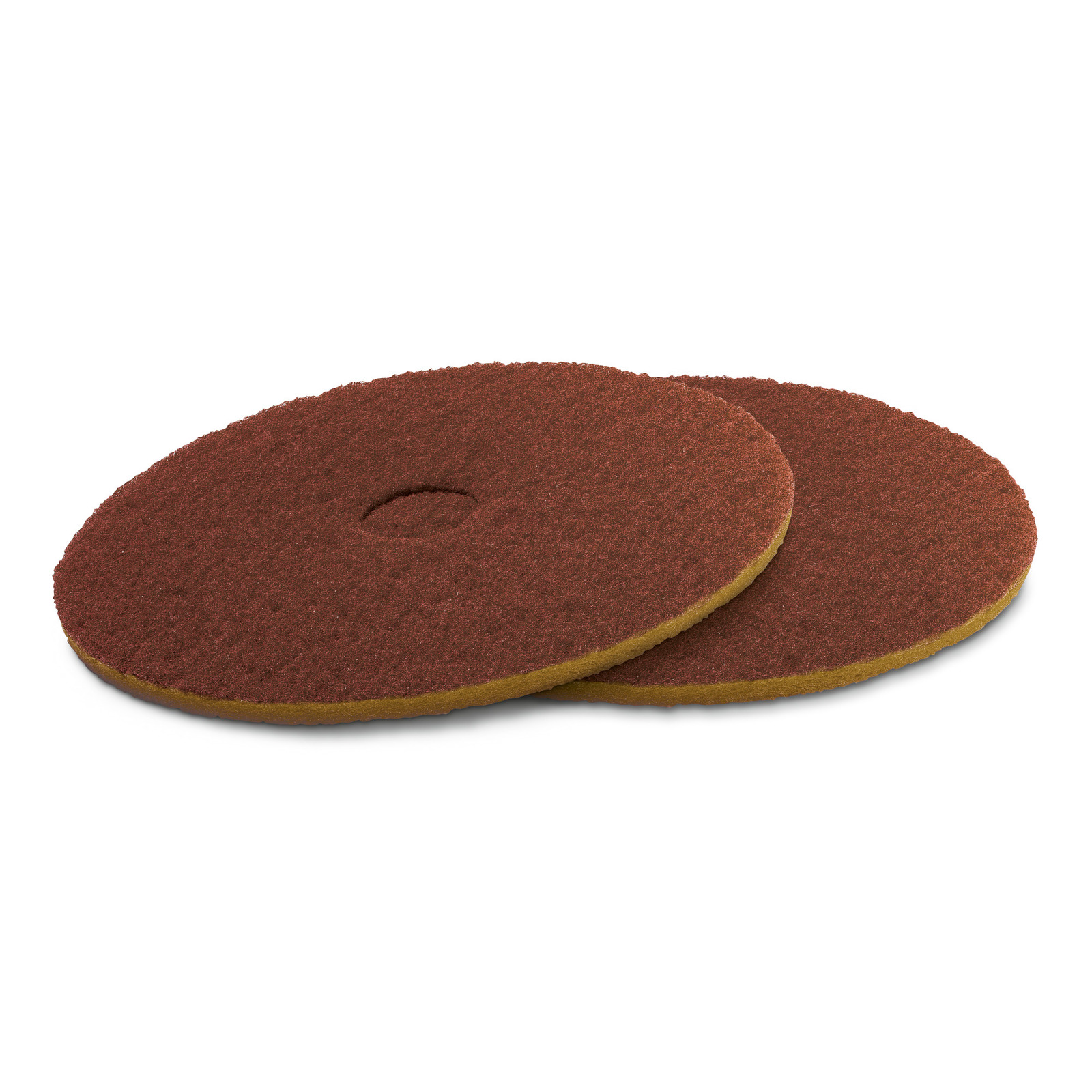 Two brown circular floor pads with textured surfaces, one slightly overlapping the other, on a white background. Two brown circular floor pads with textured surfaces, one slightly overlapping the other, on a white background.