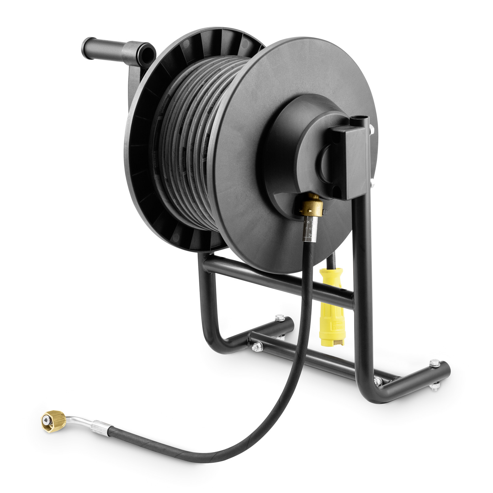 Black Kärcher hose reel with attached hose, featuring a sturdy metal frame and a yellow connector.