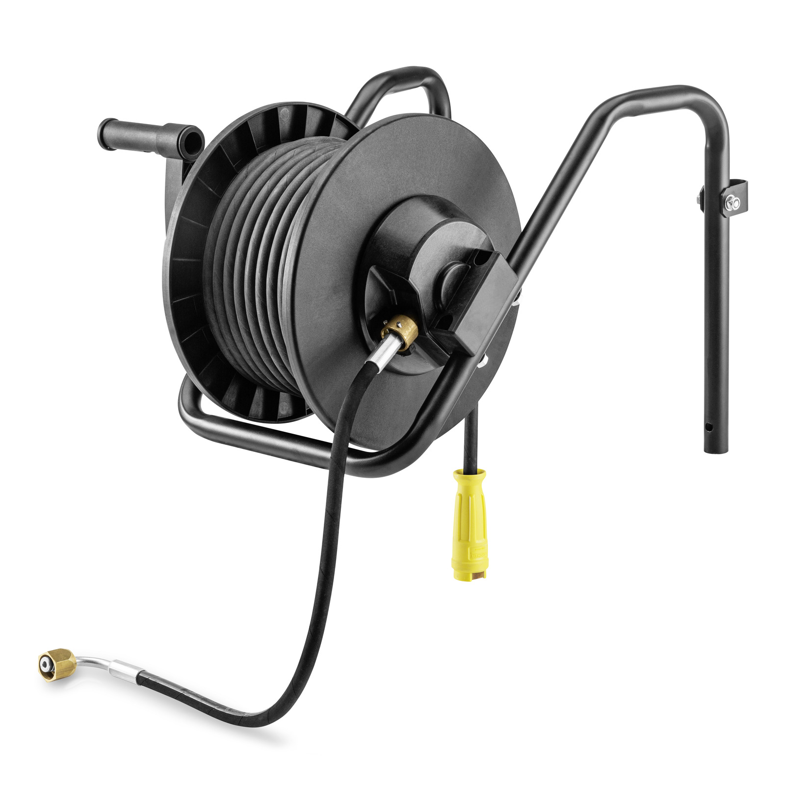 Kärcher hose reel with black frame and yellow nozzle, featuring a coiled hose and handle for winding. Kärcher hose reel with black frame and yellow nozzle, featuring a coiled hose and handle for winding.