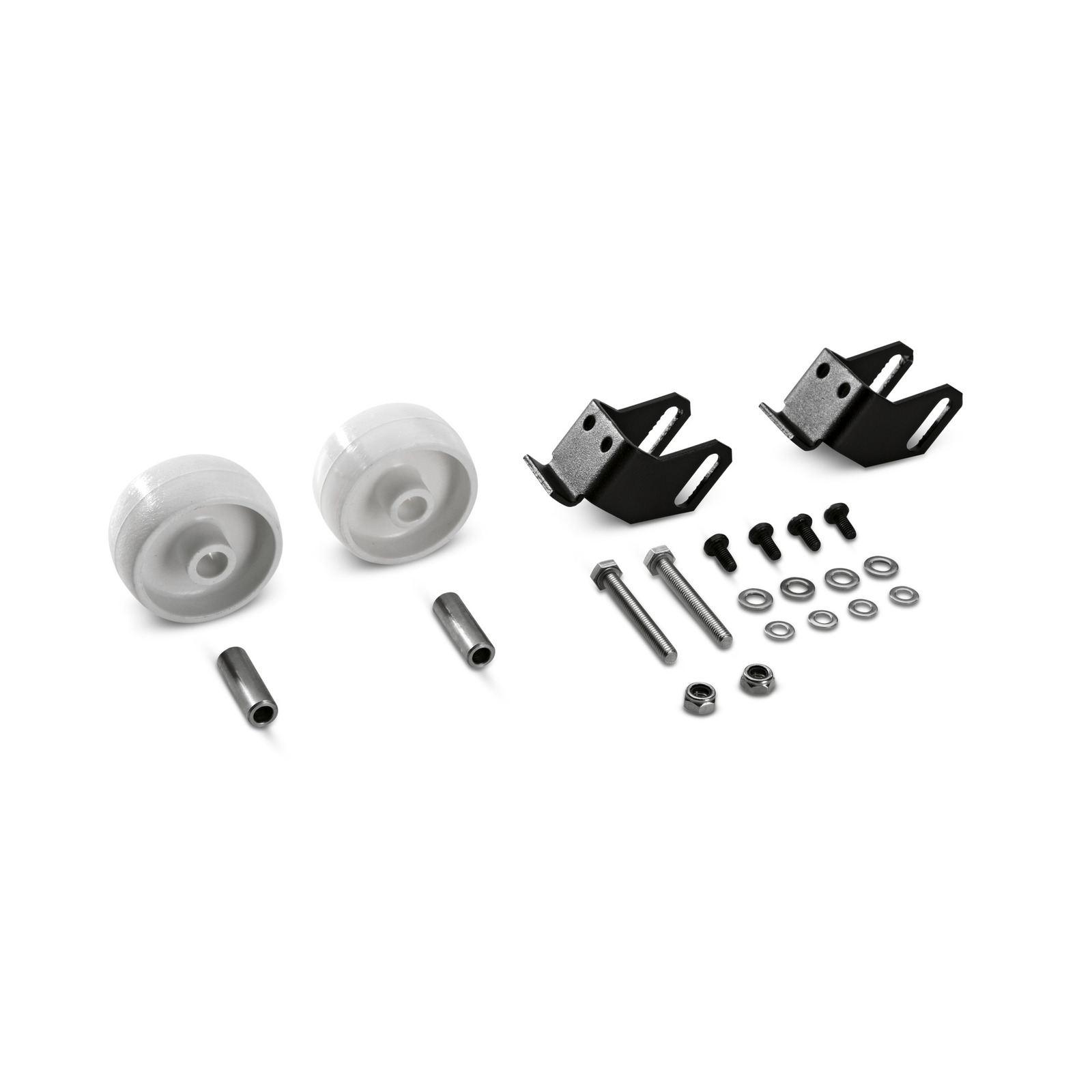 Set of white wheels, black brackets, bolts, nuts, and washers arranged on a white background. Set of white wheels, black brackets, bolts, nuts, and washers arranged on a white background.