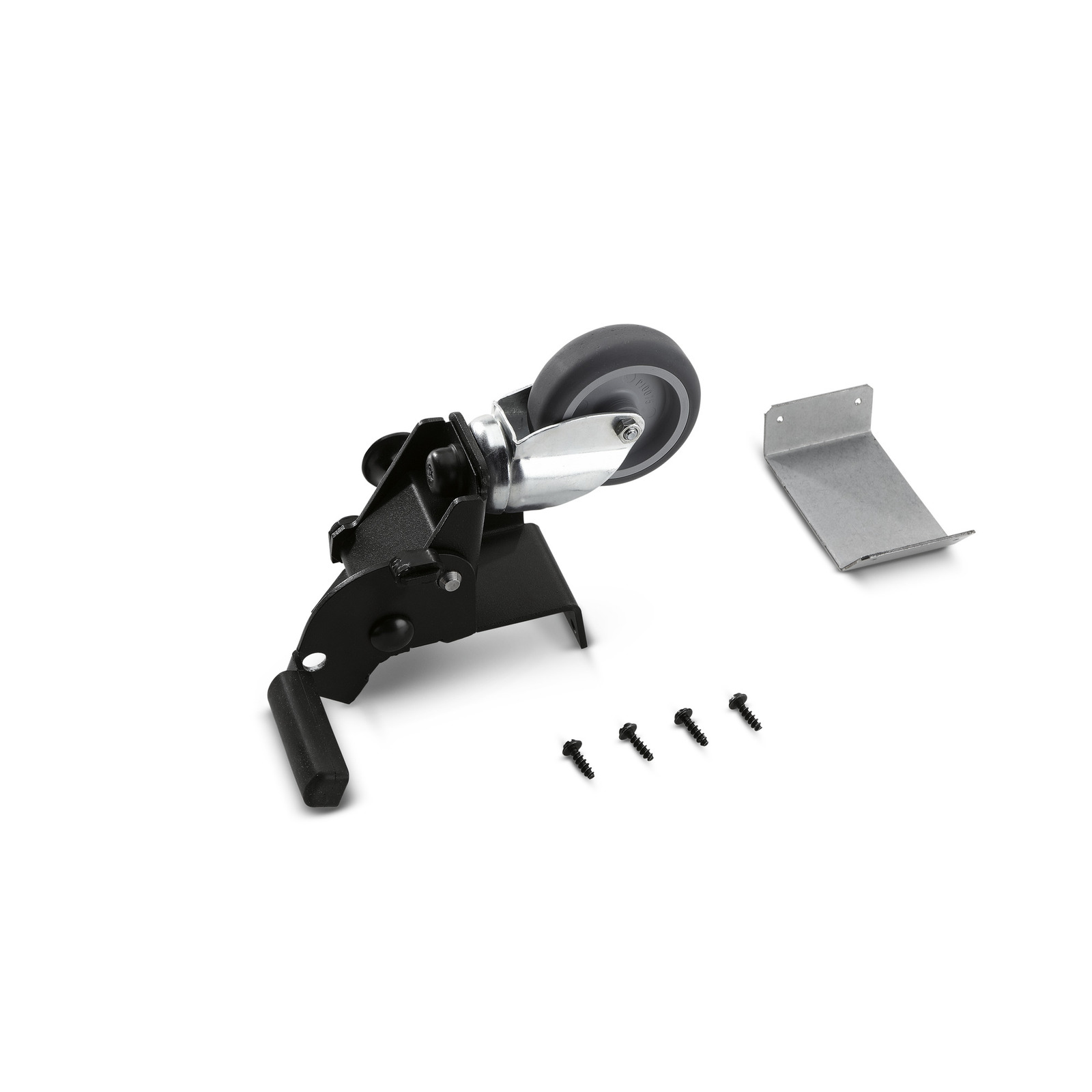 Black swivel caster wheel assembly with metal bracket and four screws on a white background. Black swivel caster wheel assembly with metal bracket and four screws on a white background.