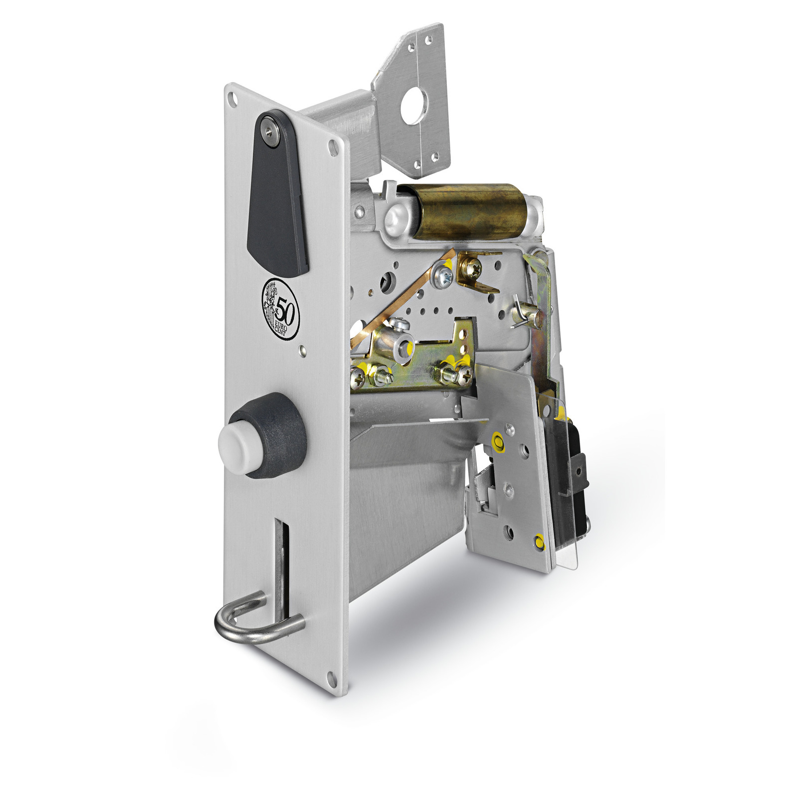 Metal coin mechanism with a white button and a slot, featuring a "50 Euro Cent" label, designed for vending machines. Metal coin mechanism with a white button and a slot, featuring a "50 Euro Cent" label, designed for vending machines.