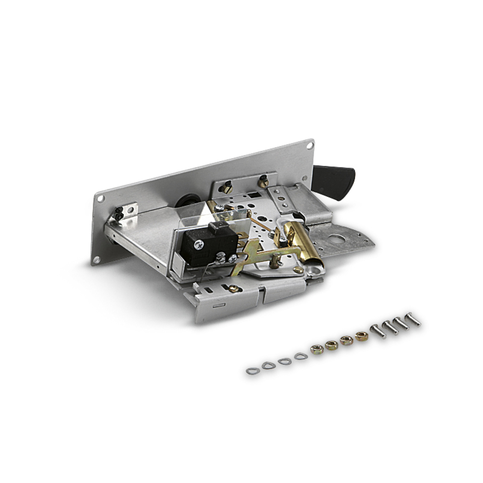 Metal component assembly with screws, washers, and nuts arranged in a row on a white background.