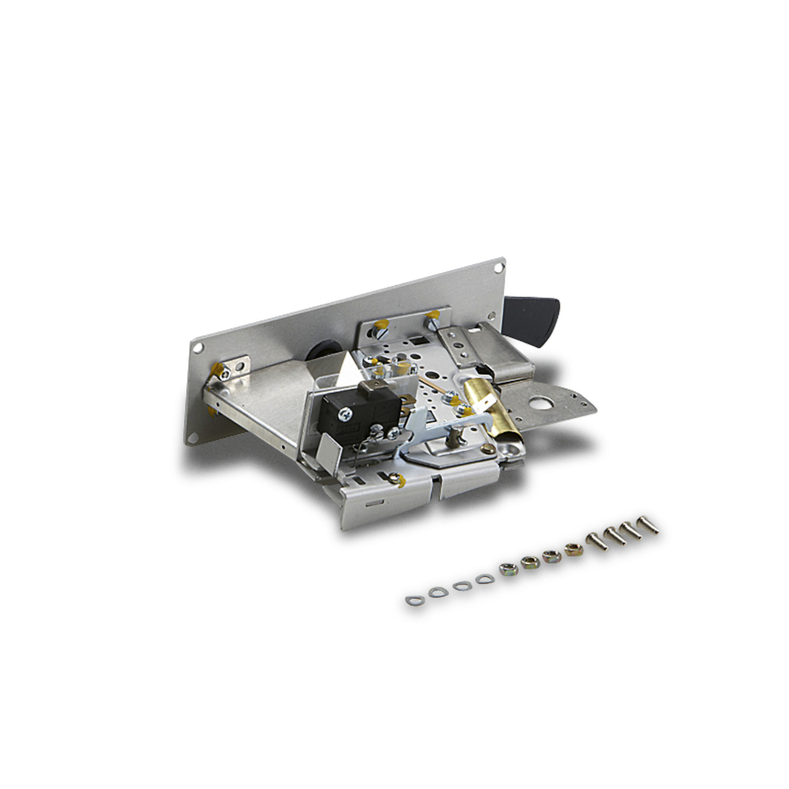 Metallic door lock mechanism with screws and washers arranged in a row on a white background. Metallic door lock mechanism with screws and washers arranged in a row on a white background.