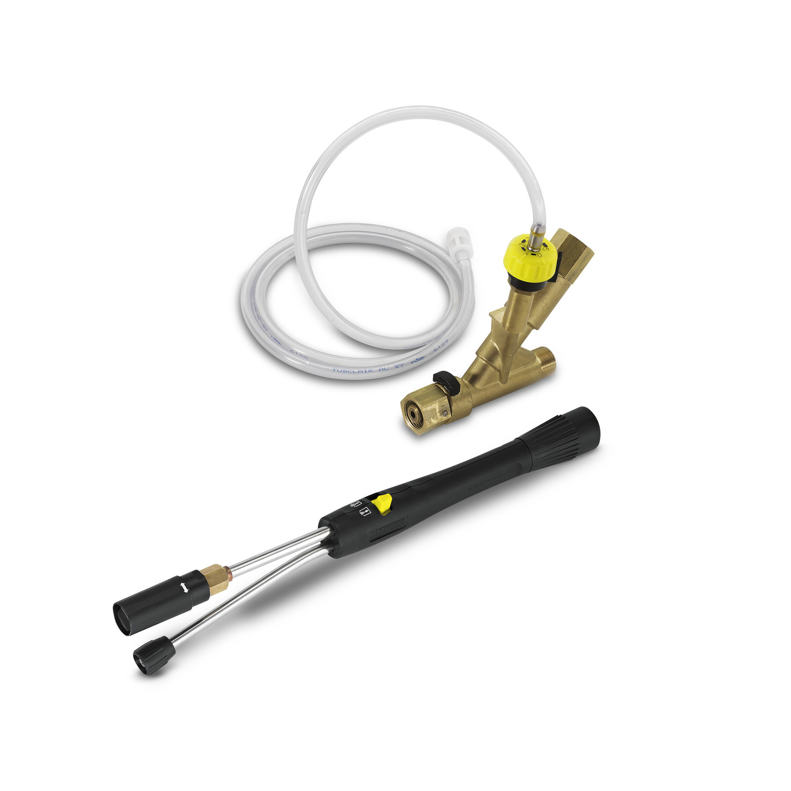 Kärcher foam nozzle with brass connector and transparent hose, set against a white background. Kärcher foam nozzle with brass connector and transparent hose, set against a white background.