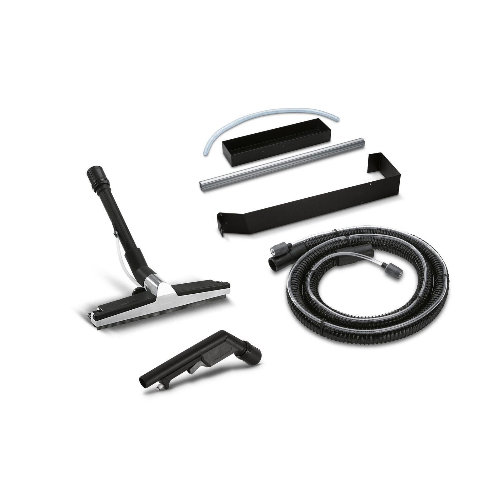Kärcher steam cleaner accessories including hose, nozzles, and metal tubes arranged on a white background.