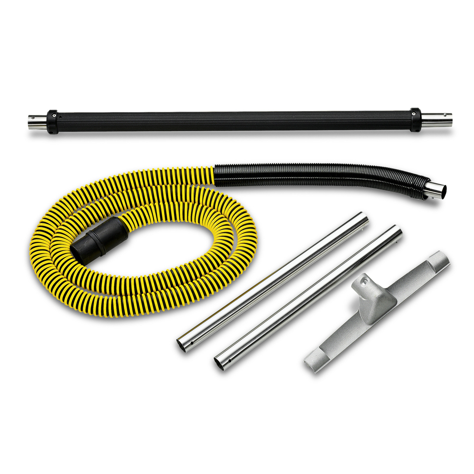 Kärcher vacuum accessories including a yellow hose, black tube, two metal pipes, and a grey floor nozzle.
