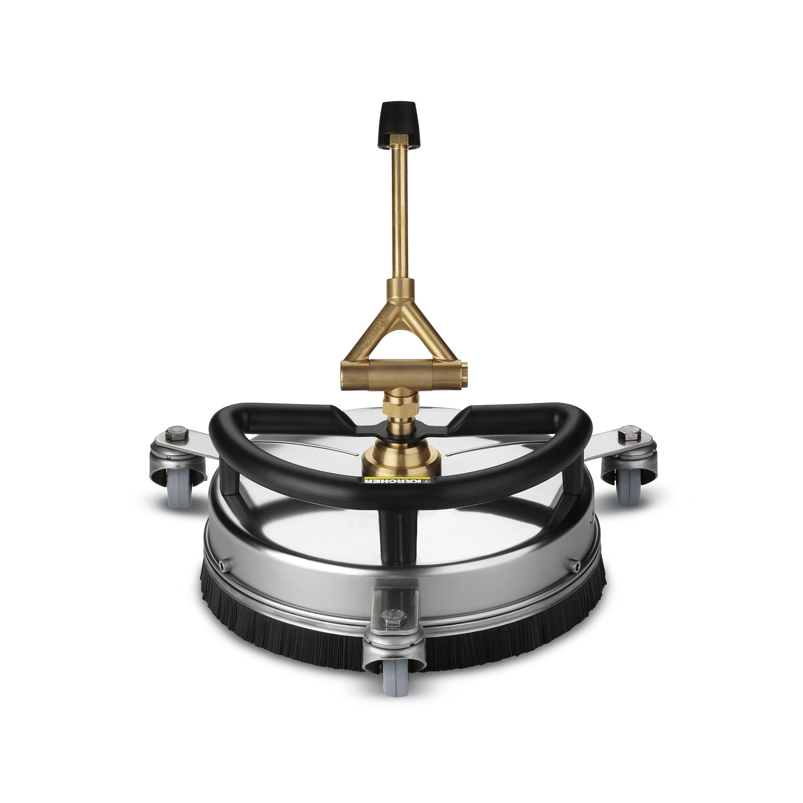 Kärcher surface cleaner with brass nozzle, black handle, and brush, mounted on wheels.
