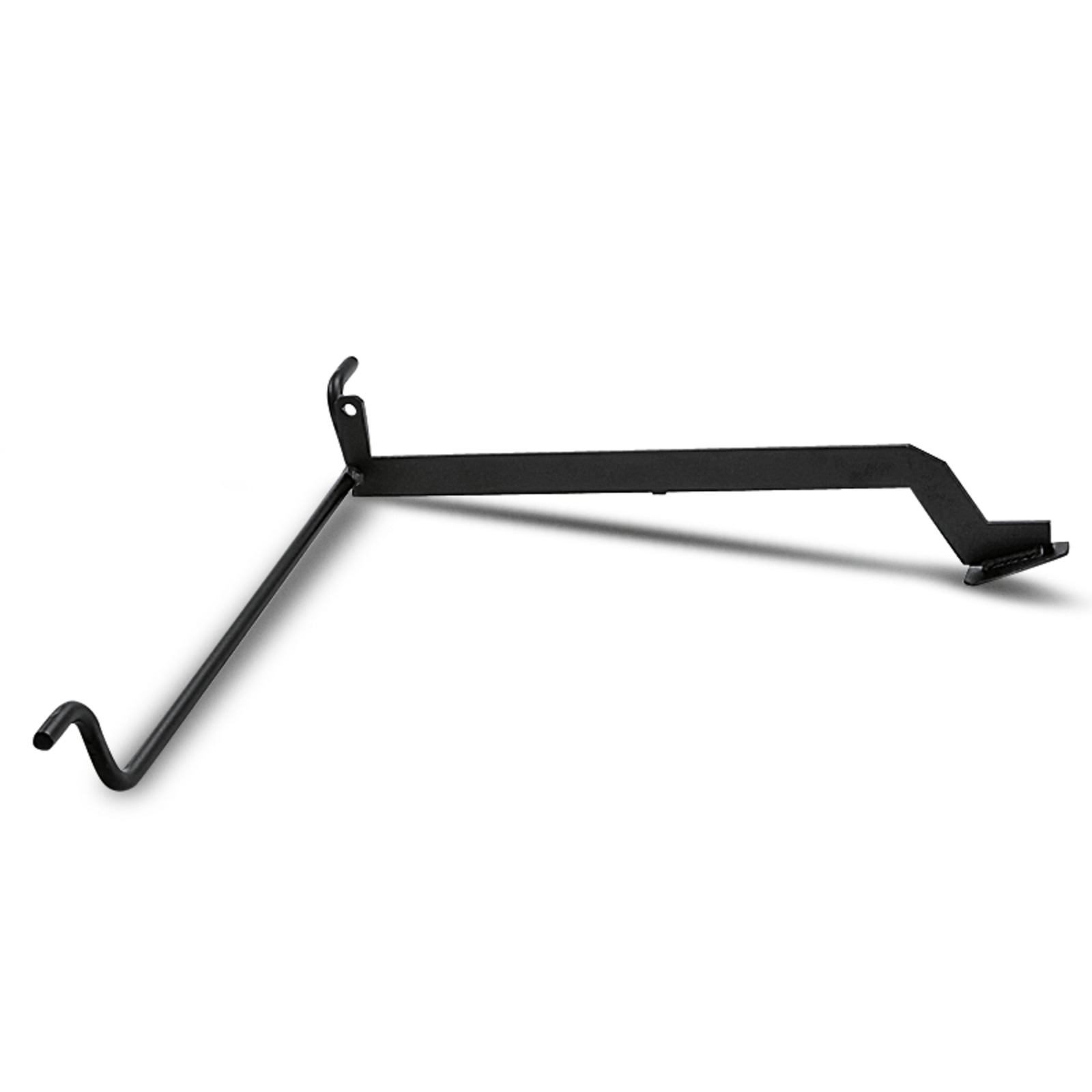 Black metal bracket with hooks on each end, set against a white background. Black metal bracket with hooks on each end, set against a white background.
