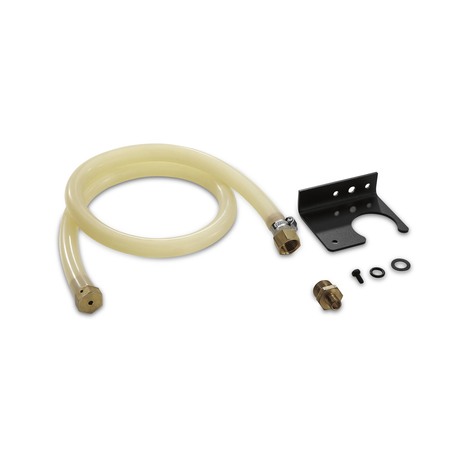 Coiled hose with brass fittings, black mounting bracket, screw, and washers on a white background.