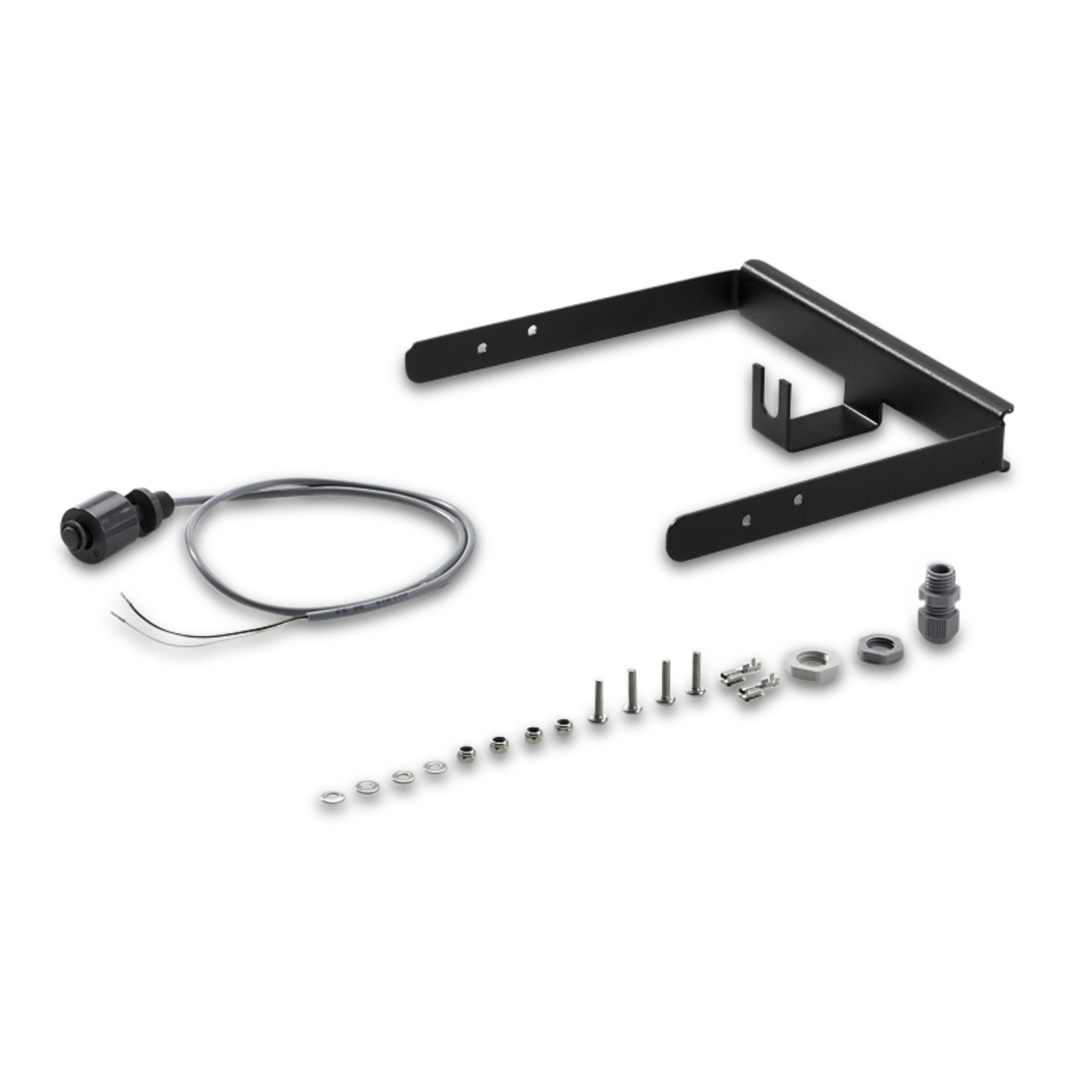 Black metal bracket, cable with connector, and various small hardware components arranged on a white surface. Black metal bracket, cable with connector, and various small hardware components arranged on a white surface.
