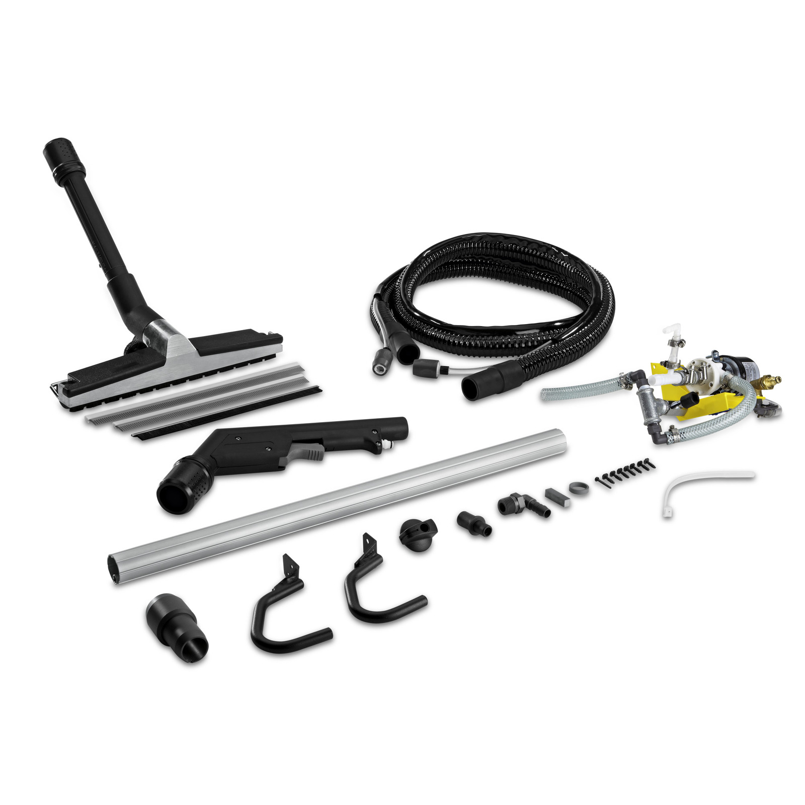 Kärcher steam cleaner accessories including hoses, nozzles, tubes, and connectors arranged on a white background.