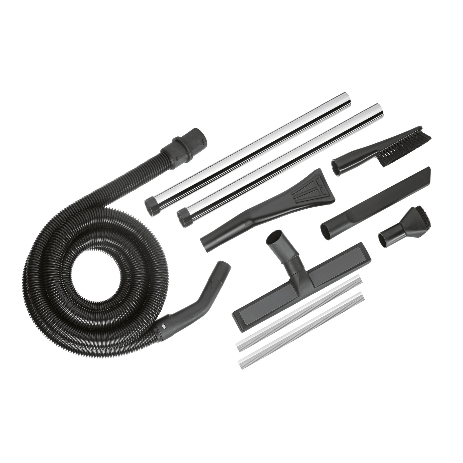 Kärcher vacuum cleaner accessories including hose, extension tubes, floor nozzle, crevice tool, and brush attachment. Kärcher vacuum cleaner accessories including hose, extension tubes, floor nozzle, crevice tool, and brush attachment.