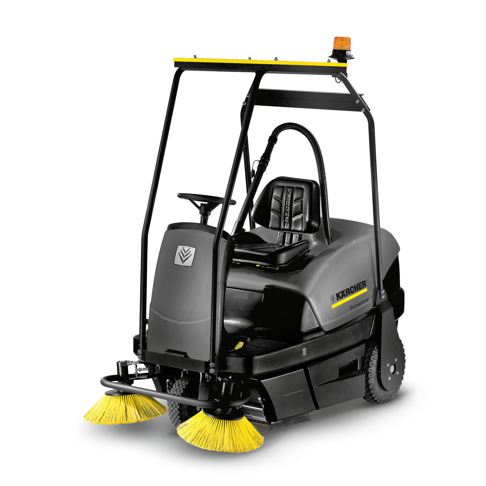 Kärcher ride-on sweeper with two yellow brushes, black body, and an orange warning light on top. Kärcher ride-on sweeper with two yellow brushes, black body, and an orange warning light on top.