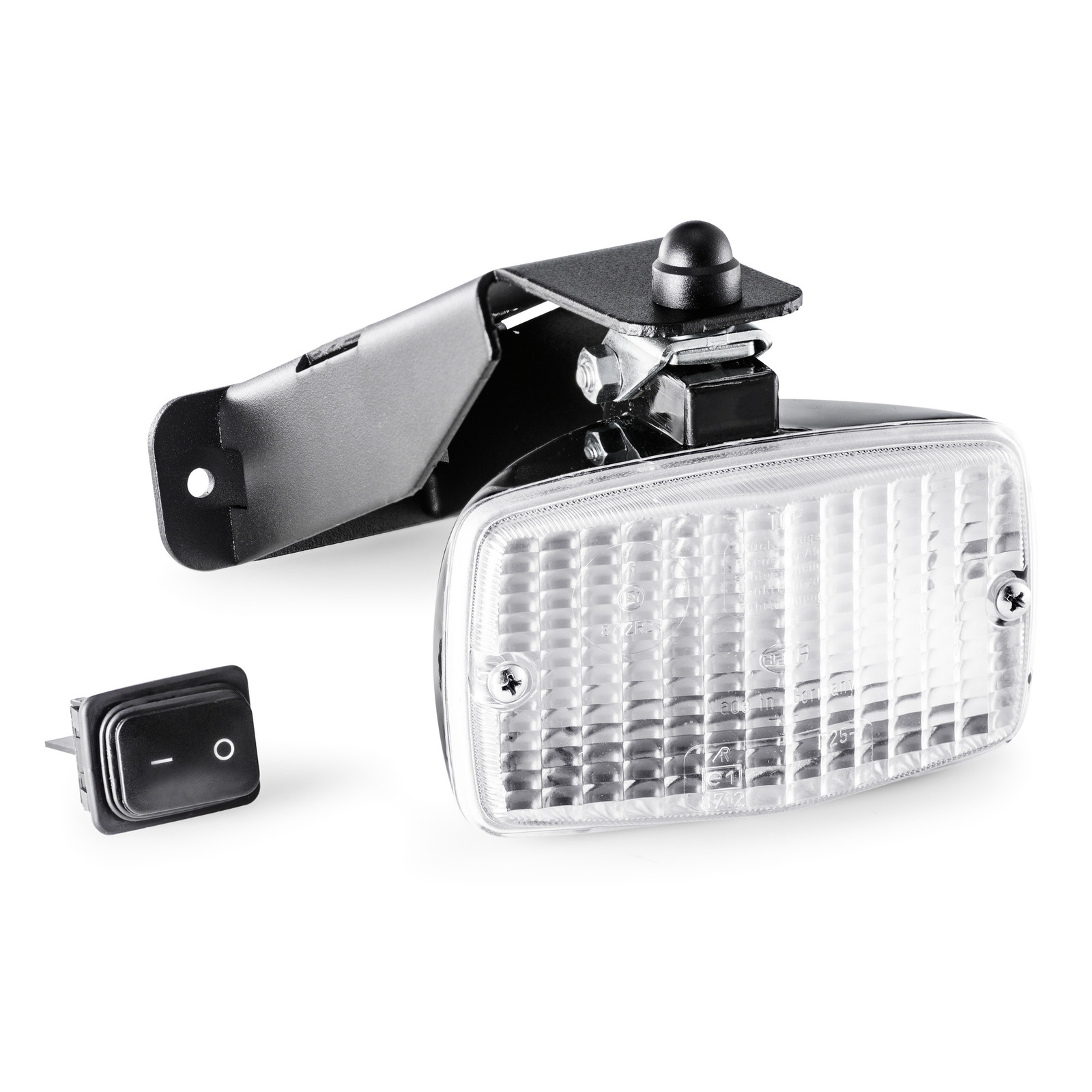 Rectangular LED light with a textured lens and black mounting bracket, accompanied by a black on/off switch. Rectangular LED light with a textured lens and black mounting bracket, accompanied by a black on/off switch.