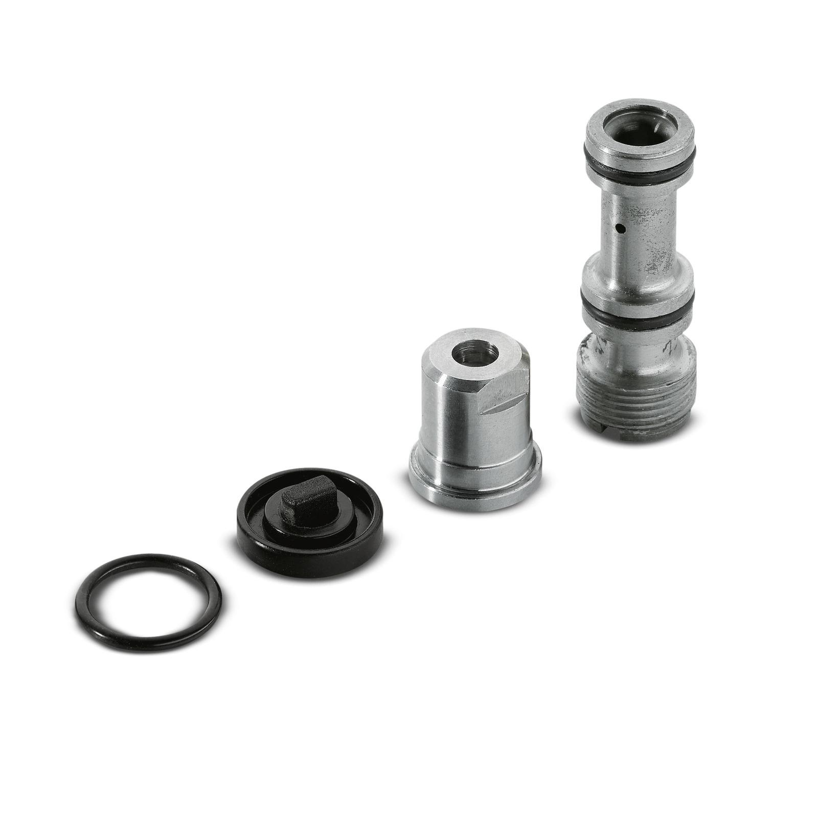 Set de accesorii metalice și garnitură pentru echipamente Kärcher, pe fundal alb.