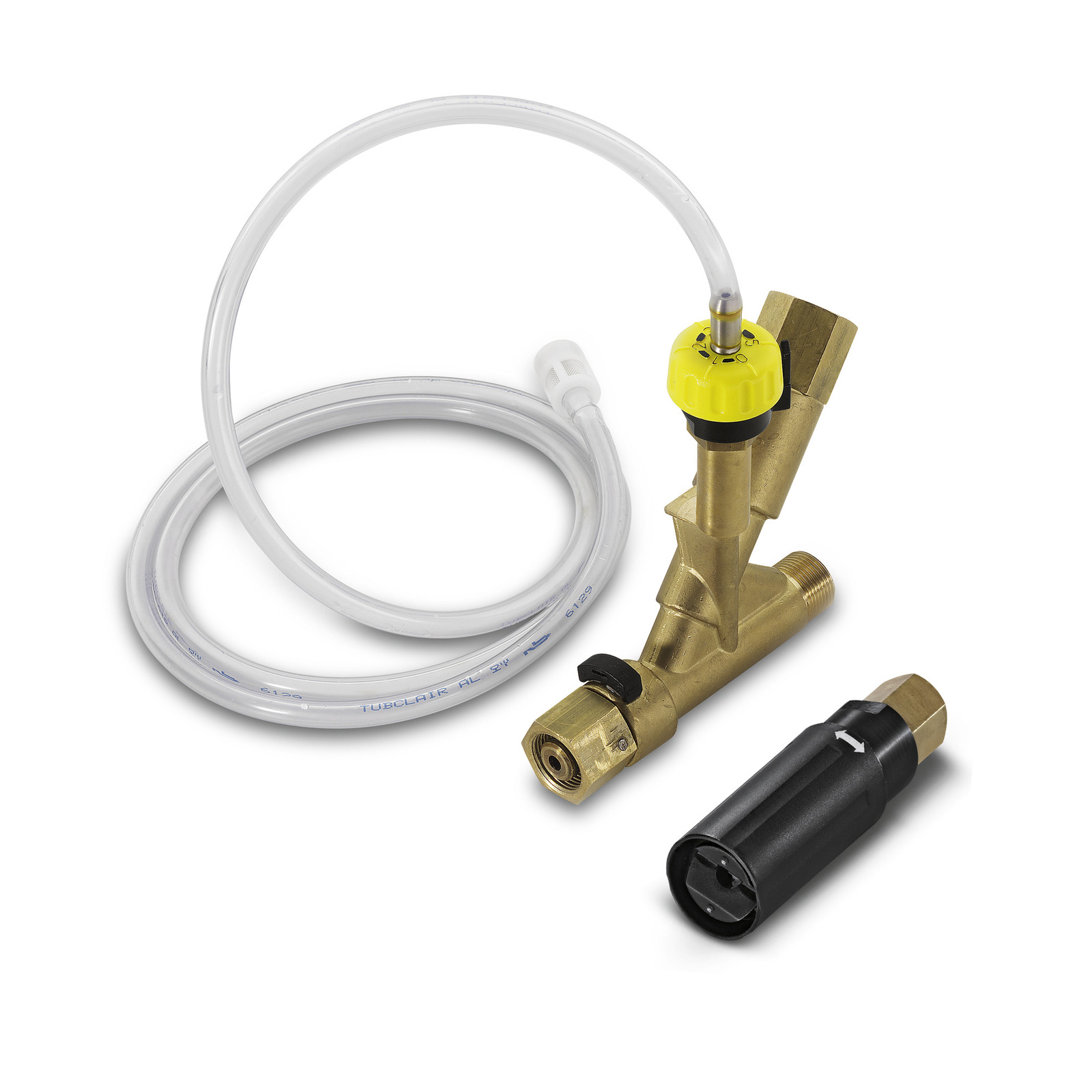 Kärcher brass injector set with a clear hose and black nozzle attachment on a white background. Kärcher brass injector set with a clear hose and black nozzle attachment on a white background.