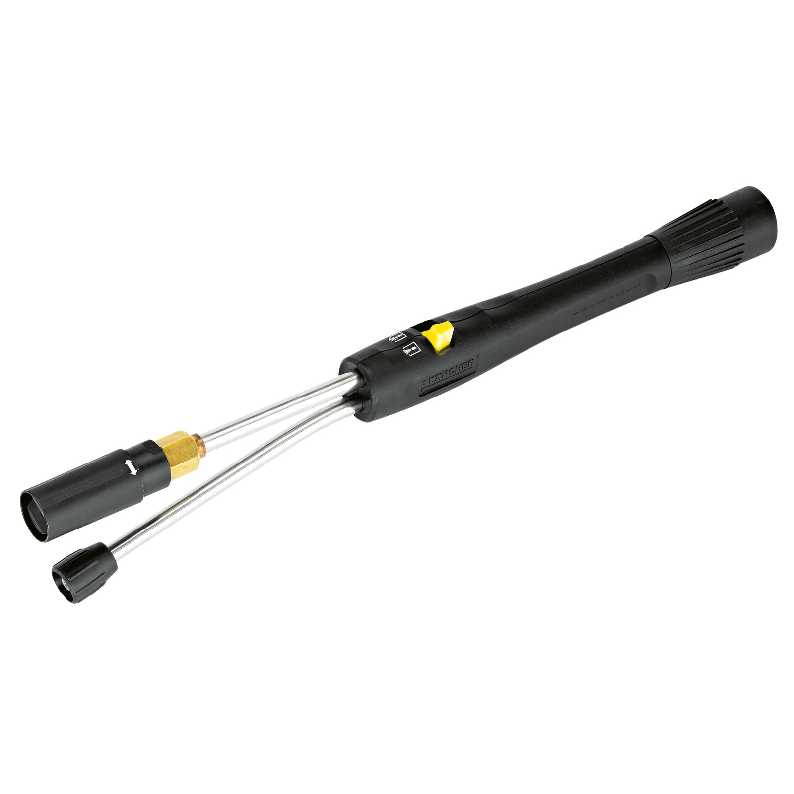 Kärcher high-pressure cleaner lance with dual stainless steel tubes and black handle featuring a yellow control knob. Kärcher high-pressure cleaner lance with dual stainless steel tubes and black handle featuring a yellow control knob.