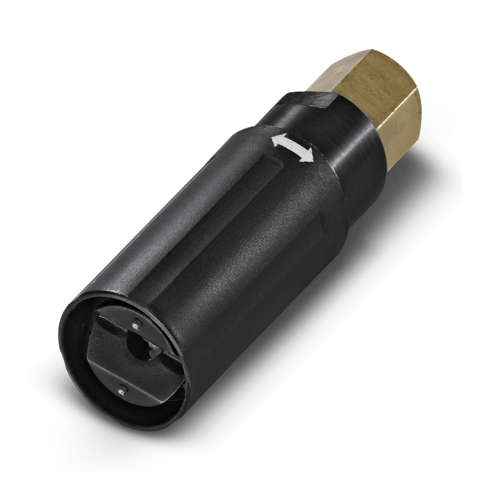 Black Kärcher high-pressure cleaner nozzle with brass connector, featuring an arrow indicating flow direction. Black Kärcher high-pressure cleaner nozzle with brass connector, featuring an arrow indicating flow direction.