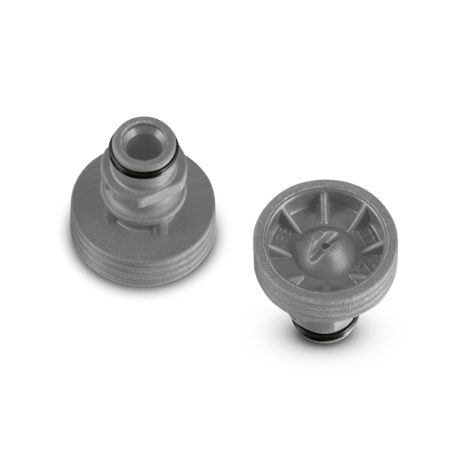 Two grey Kärcher nozzle attachments with O-rings, one upright and one lying flat, on a white background.
