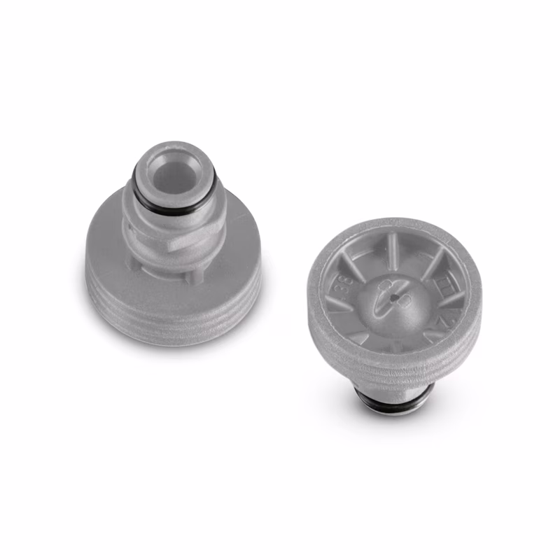Two grey Kärcher nozzle attachments with O-rings, one upright and one lying flat, on a white background.
