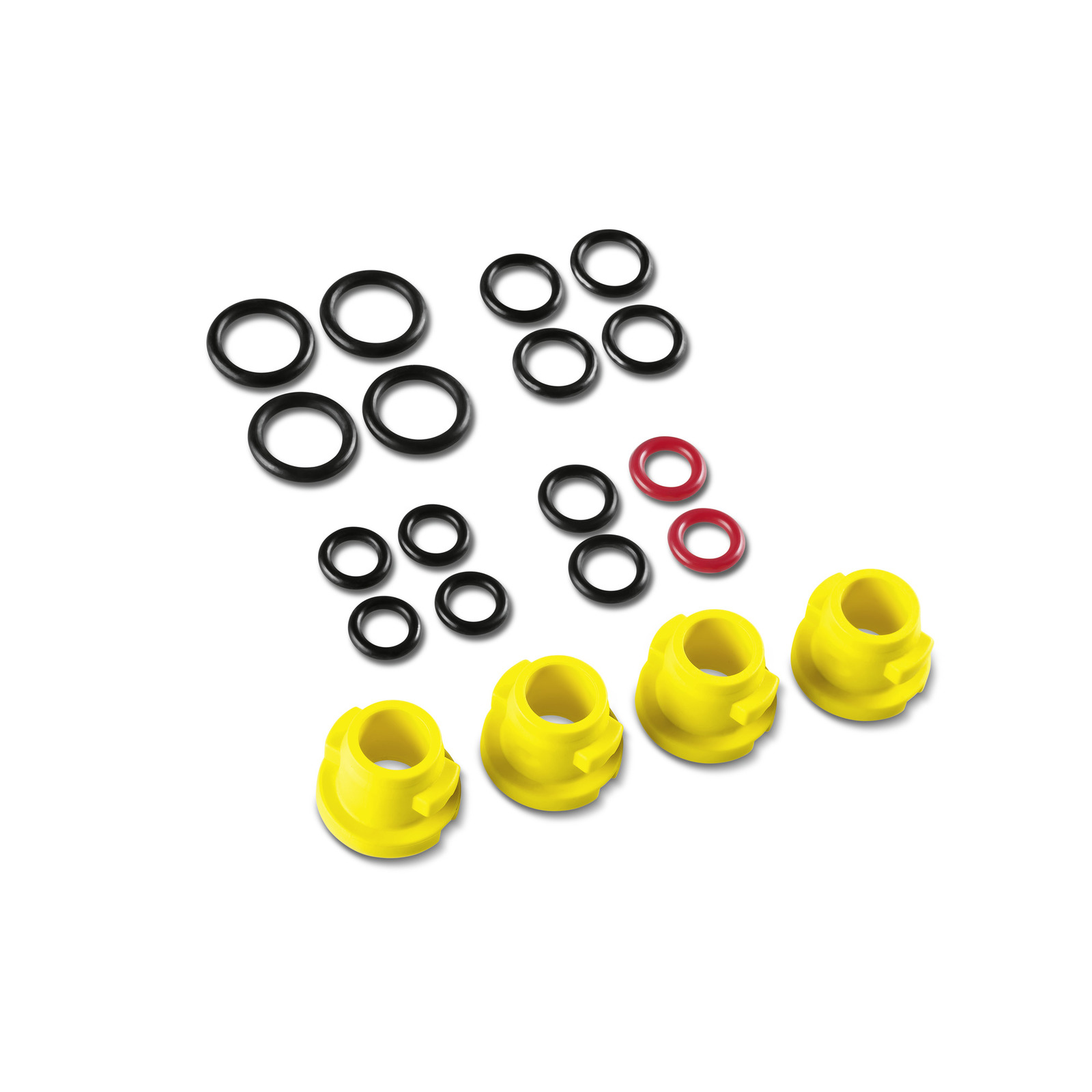 Assorted black and red O-rings and four yellow Kärcher nozzles arranged on a white background. Assorted black and red O-rings and four yellow Kärcher nozzles arranged on a white background.