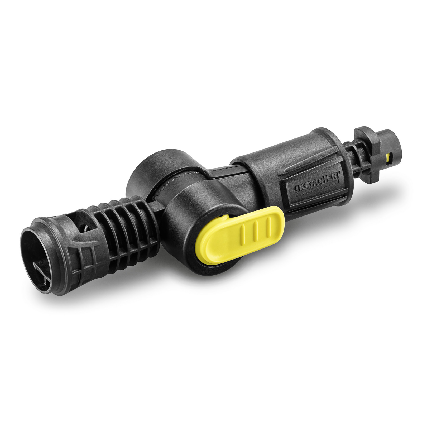 Kärcher high-pressure cleaner accessory with black body and yellow lever on a white background. Kärcher high-pressure cleaner accessory with black body and yellow lever on a white background.