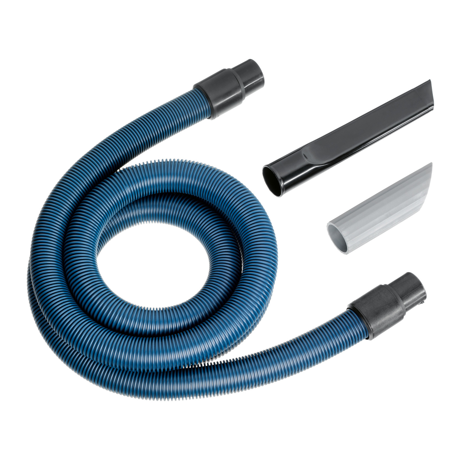 Blue vacuum hose with black and grey attachments on a white background. Blue vacuum hose with black and grey attachments on a white background.