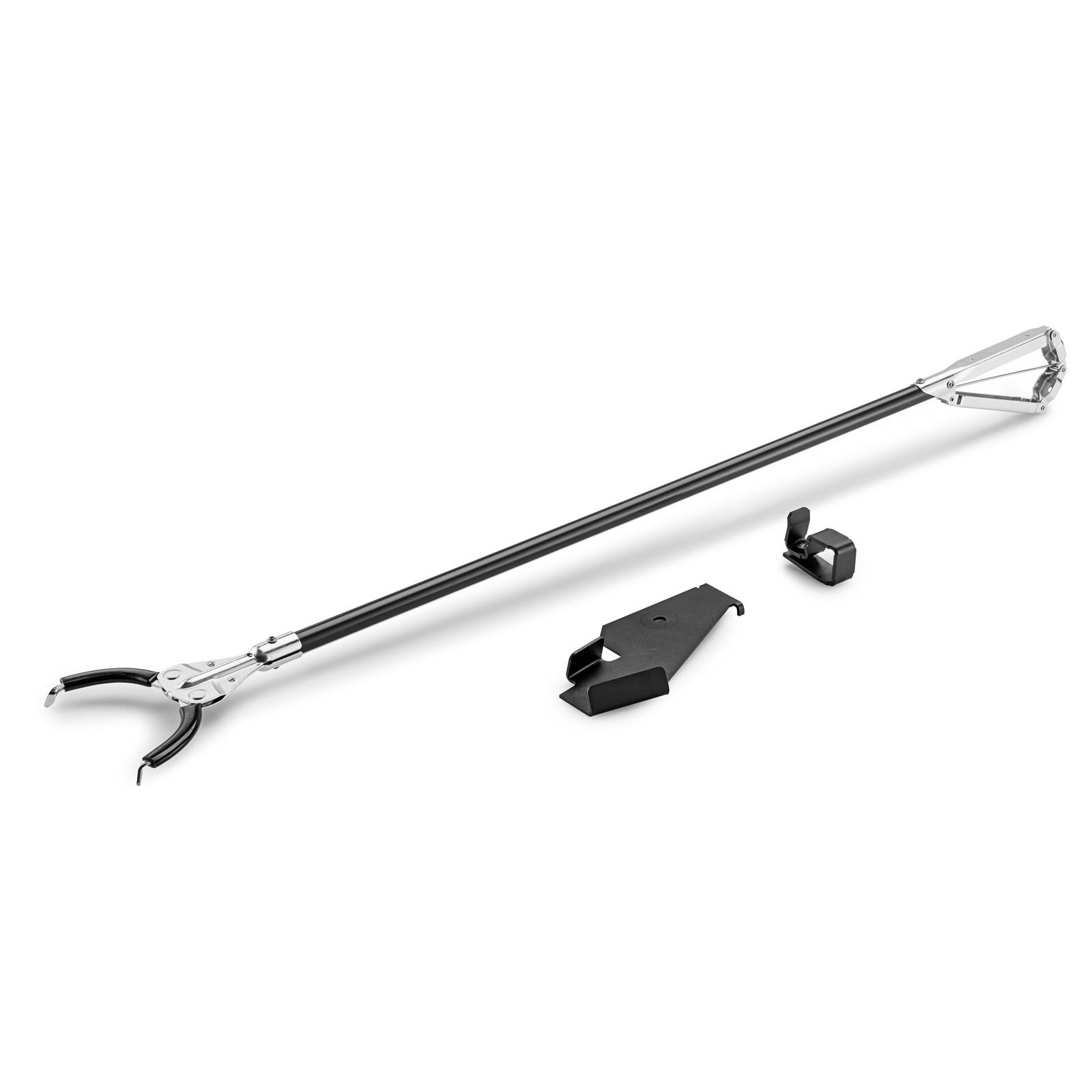 Kärcher litter picker with a black shaft and silver jaws, displayed alongside two small black mounting accessories on a white background.