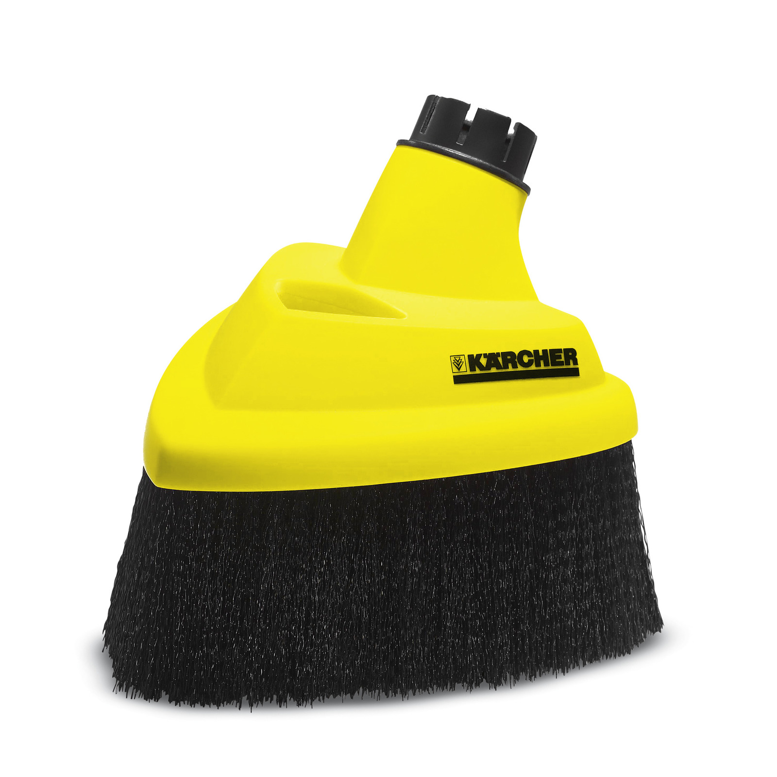 Yellow Kärcher brush attachment with black bristles, featuring a connector at the top for easy attachment. Yellow Kärcher brush attachment with black bristles, featuring a connector at the top for easy attachment.