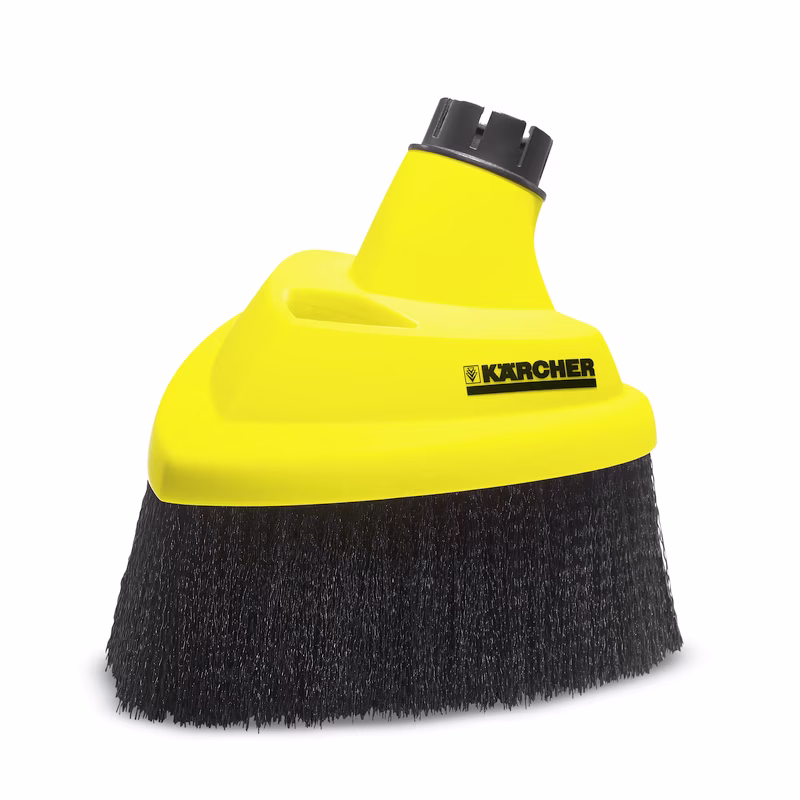 Yellow Kärcher brush attachment with black bristles, featuring a connector at the top for easy attachment.