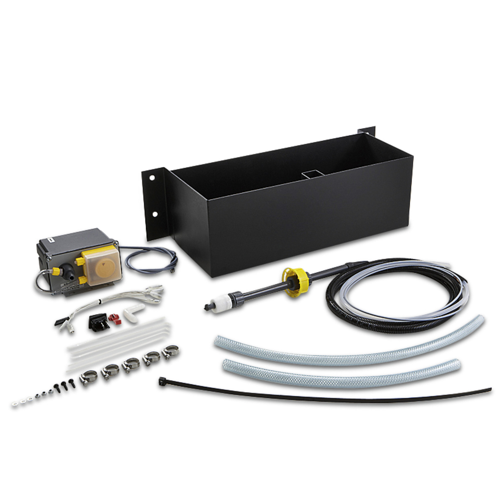 Kärcher detergent dosing system kit with black container, hoses, clamps, screws, and electronic components arranged on a white surface.