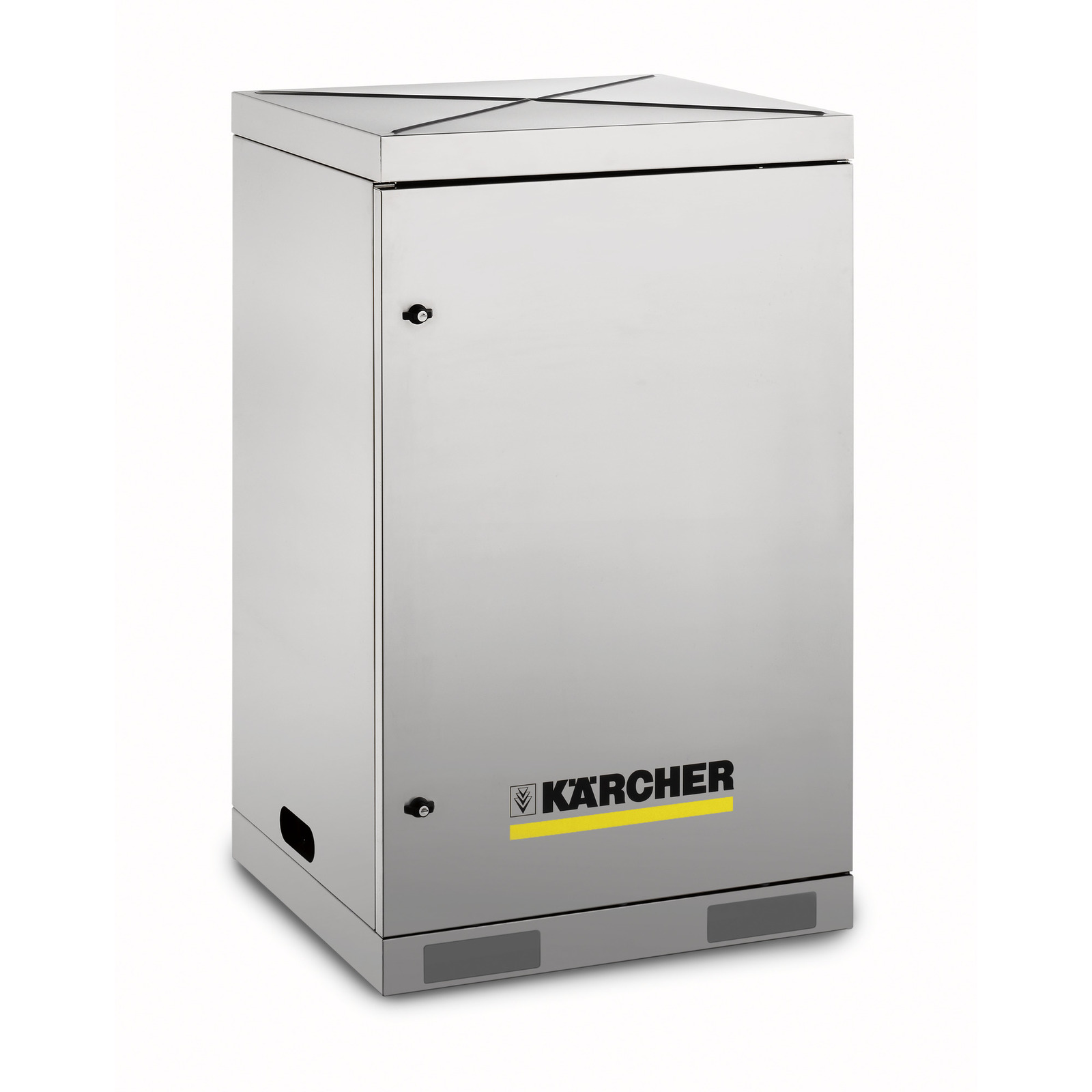Silver Kärcher cabinet with logo, featuring a sleek design and a single door handle, set against a plain white background. Silver Kärcher cabinet with logo, featuring a sleek design and a single door handle, set against a plain white background.