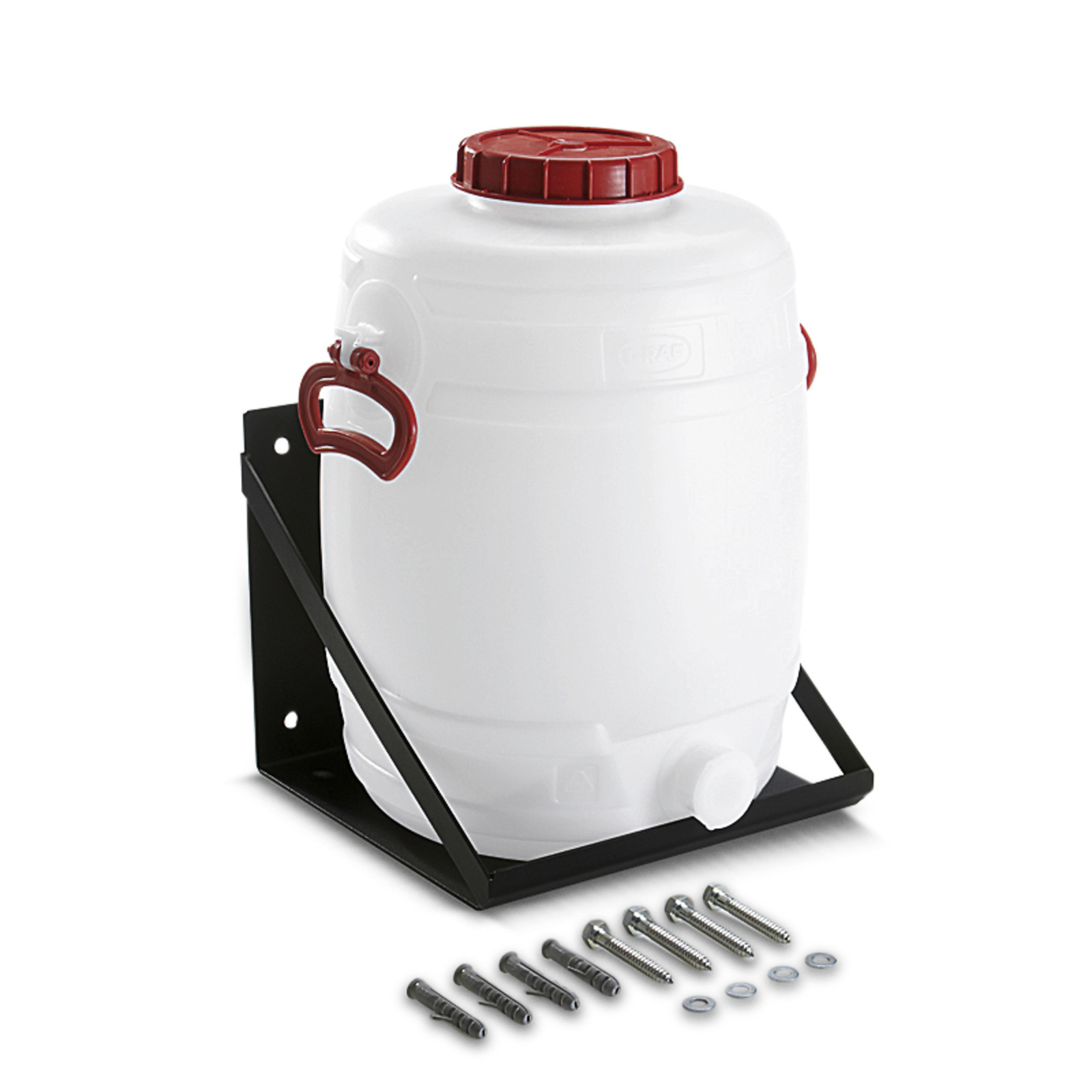 White plastic barrel with red lid and handles, mounted on a black stand. Six screws and wall plugs are placed in front.