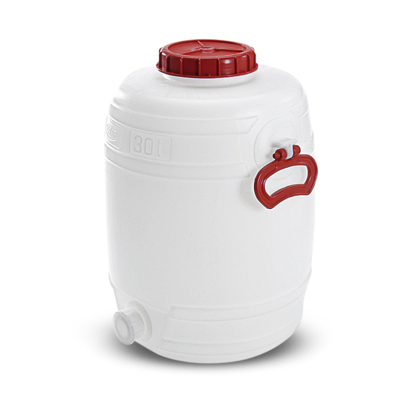 White 30-litre plastic barrel with red lid and handle, featuring a spout at the bottom.
