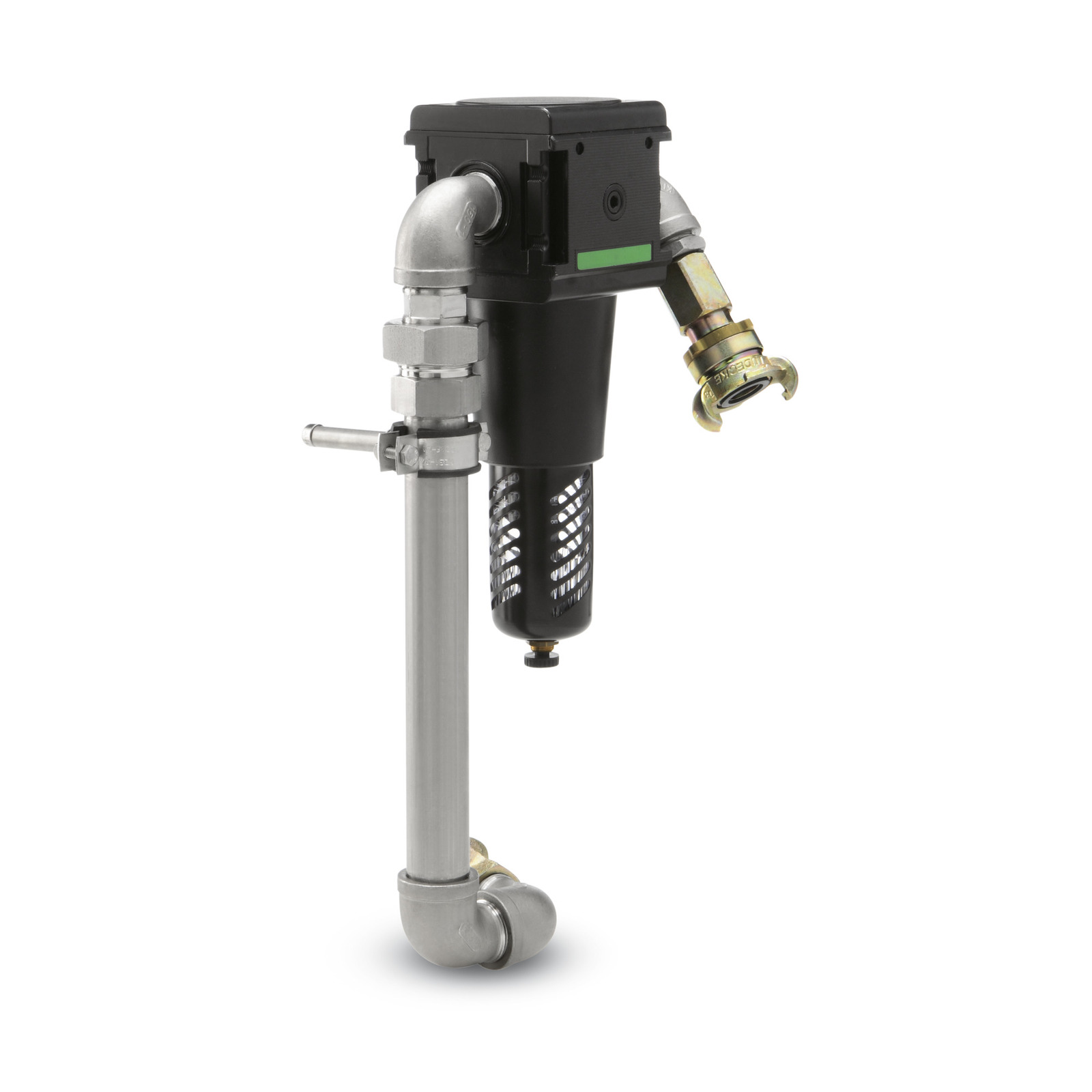Kärcher pipe cleaning nozzle with a black housing, metal fittings, and a perforated cylindrical filter. Kärcher pipe cleaning nozzle with a black housing, metal fittings, and a perforated cylindrical filter.
