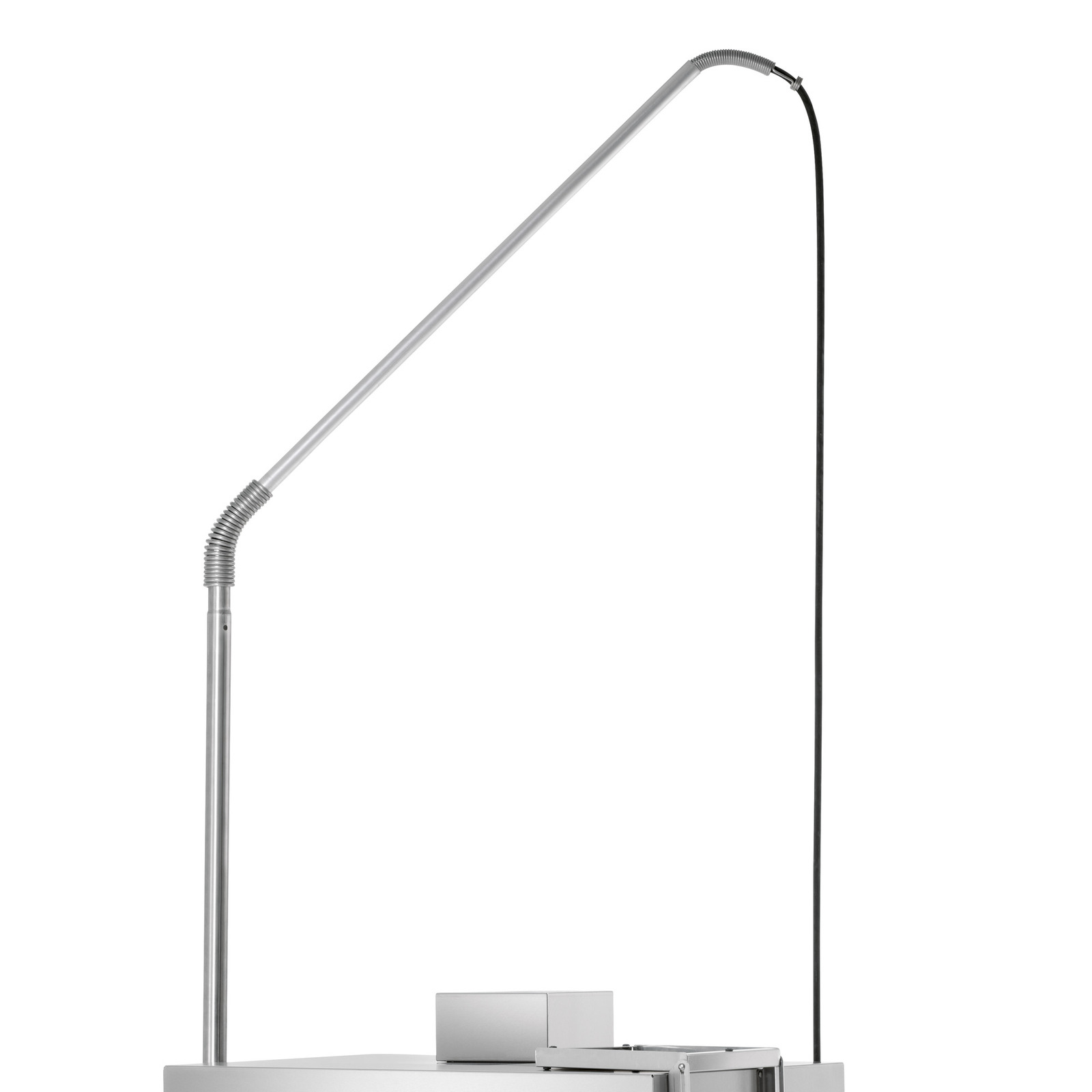 Tall silver shower head with a curved neck and black hose, mounted on a rectangular base.