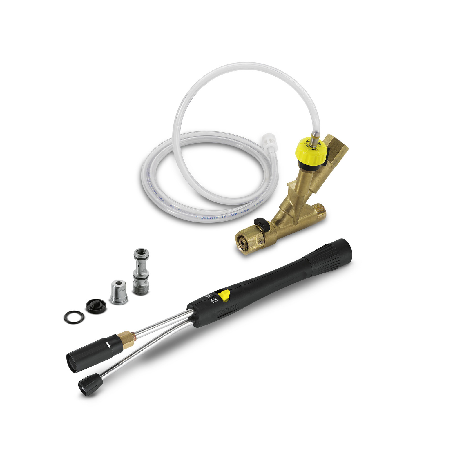 Kärcher foam nozzle set with brass adapter, hose, and various connectors on a white background.