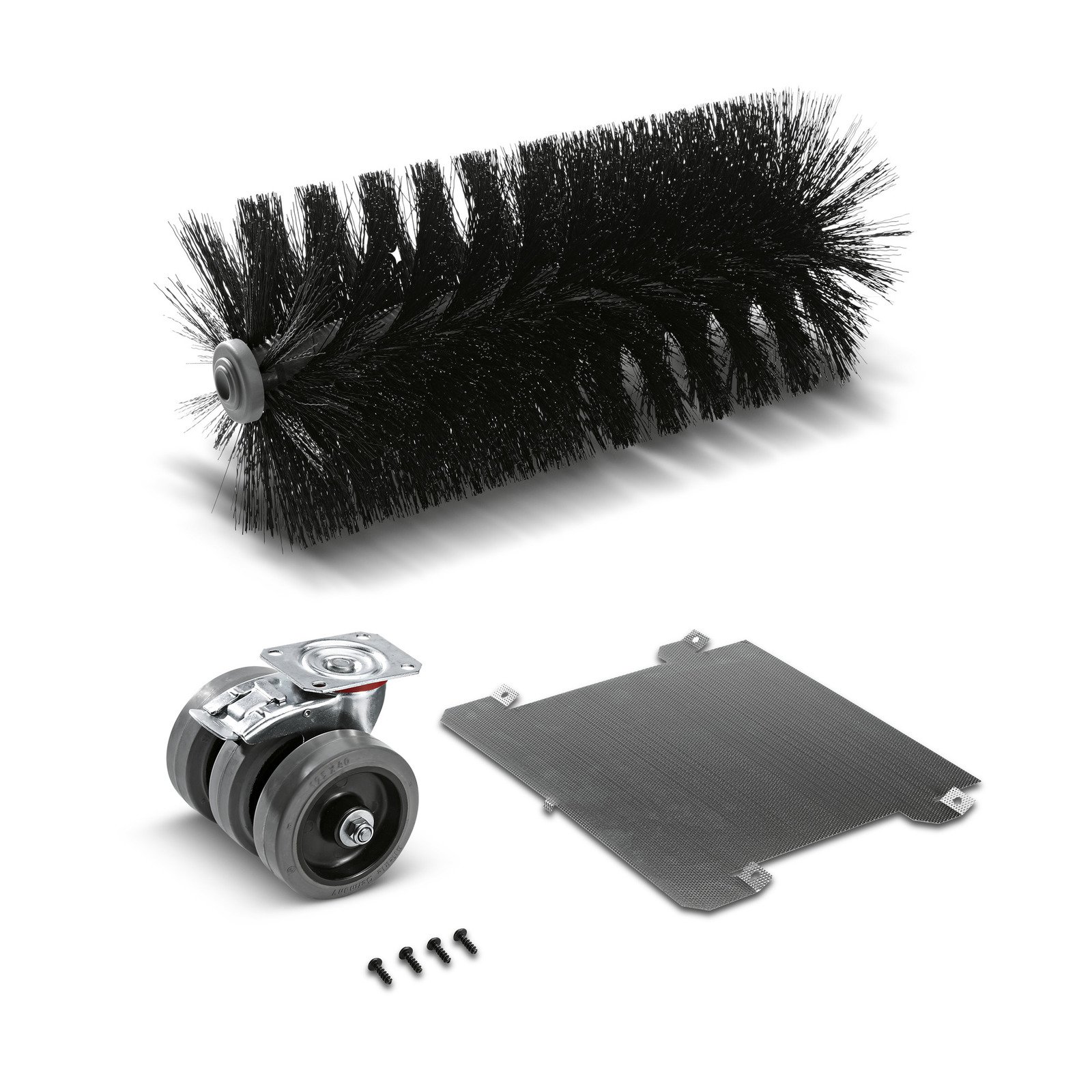 Black cylindrical brush, dual wheel caster, rectangular plate, and four screws on a white background.
