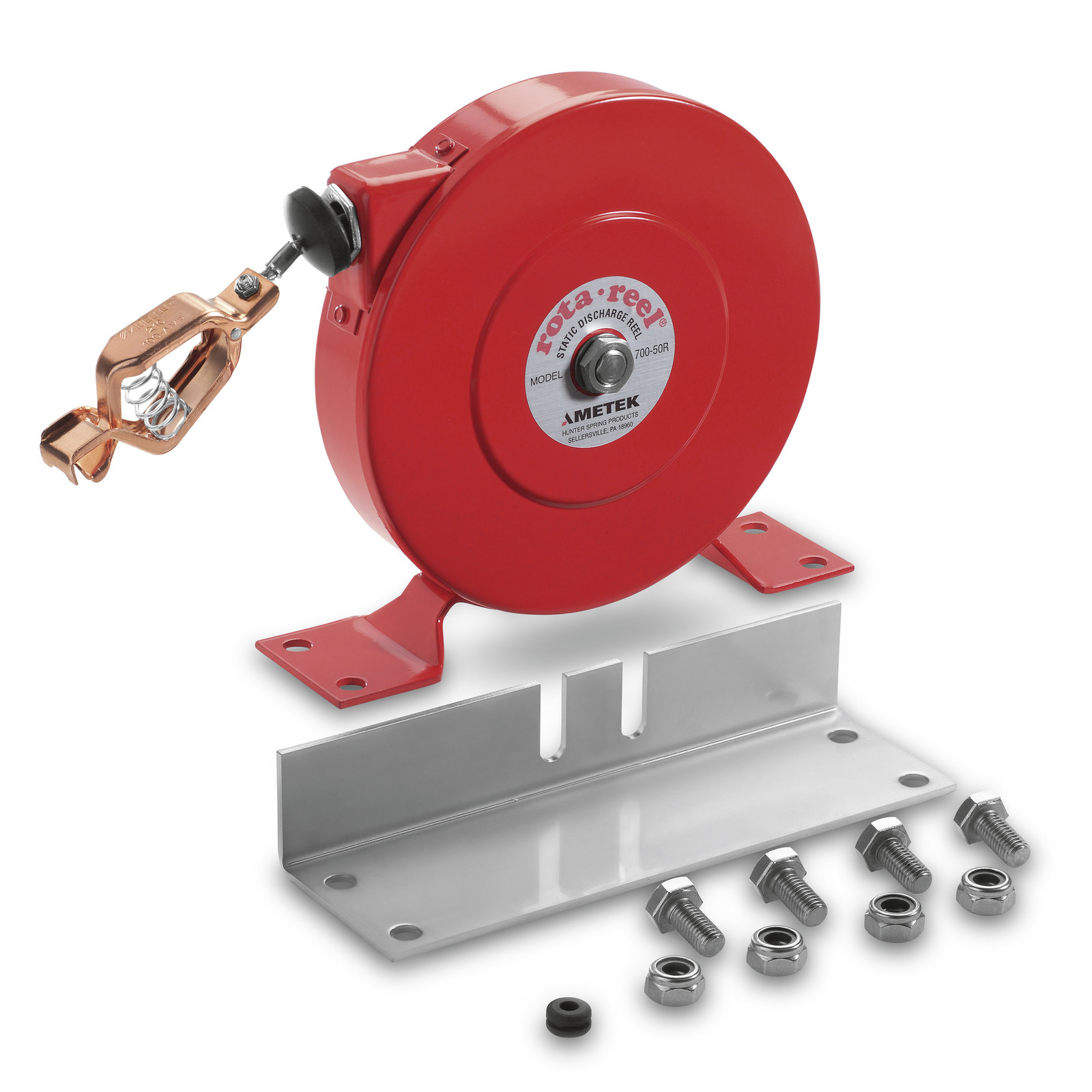 Red static discharge reel with mounting bracket, bolts, nuts, and a copper grounding clamp. Red static discharge reel with mounting bracket, bolts, nuts, and a copper grounding clamp.
